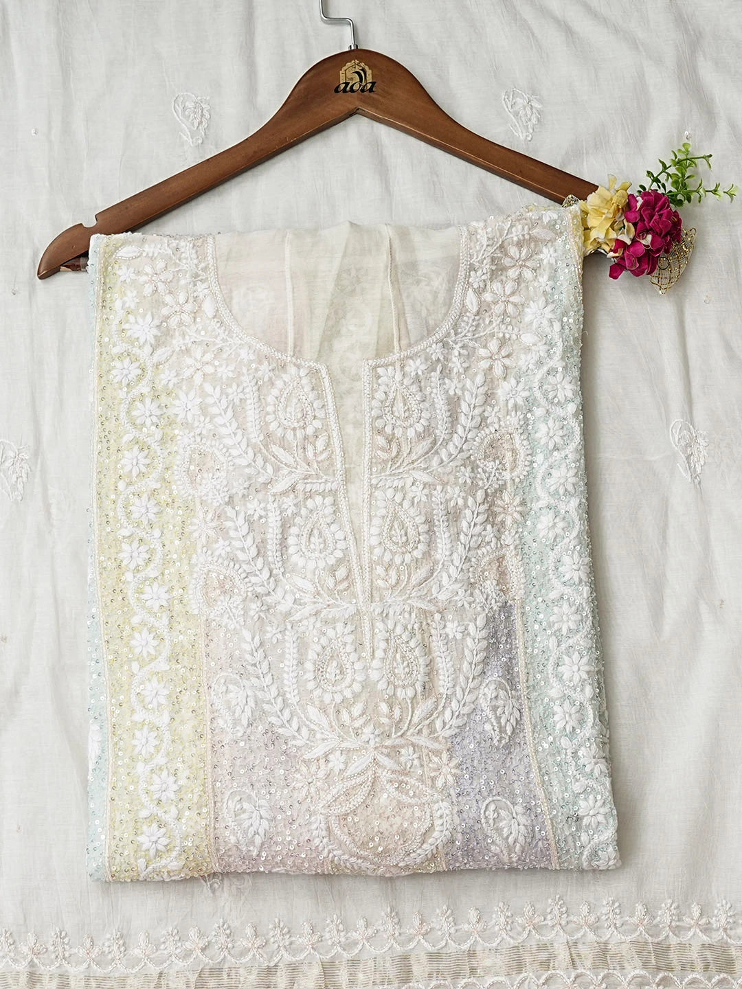 Ada Hand Embroidered White Chanderi Lucknowi Chikankari Semi-Stitched Anarkali Kurta Dupatta Set With Sequinned Work 01A977654