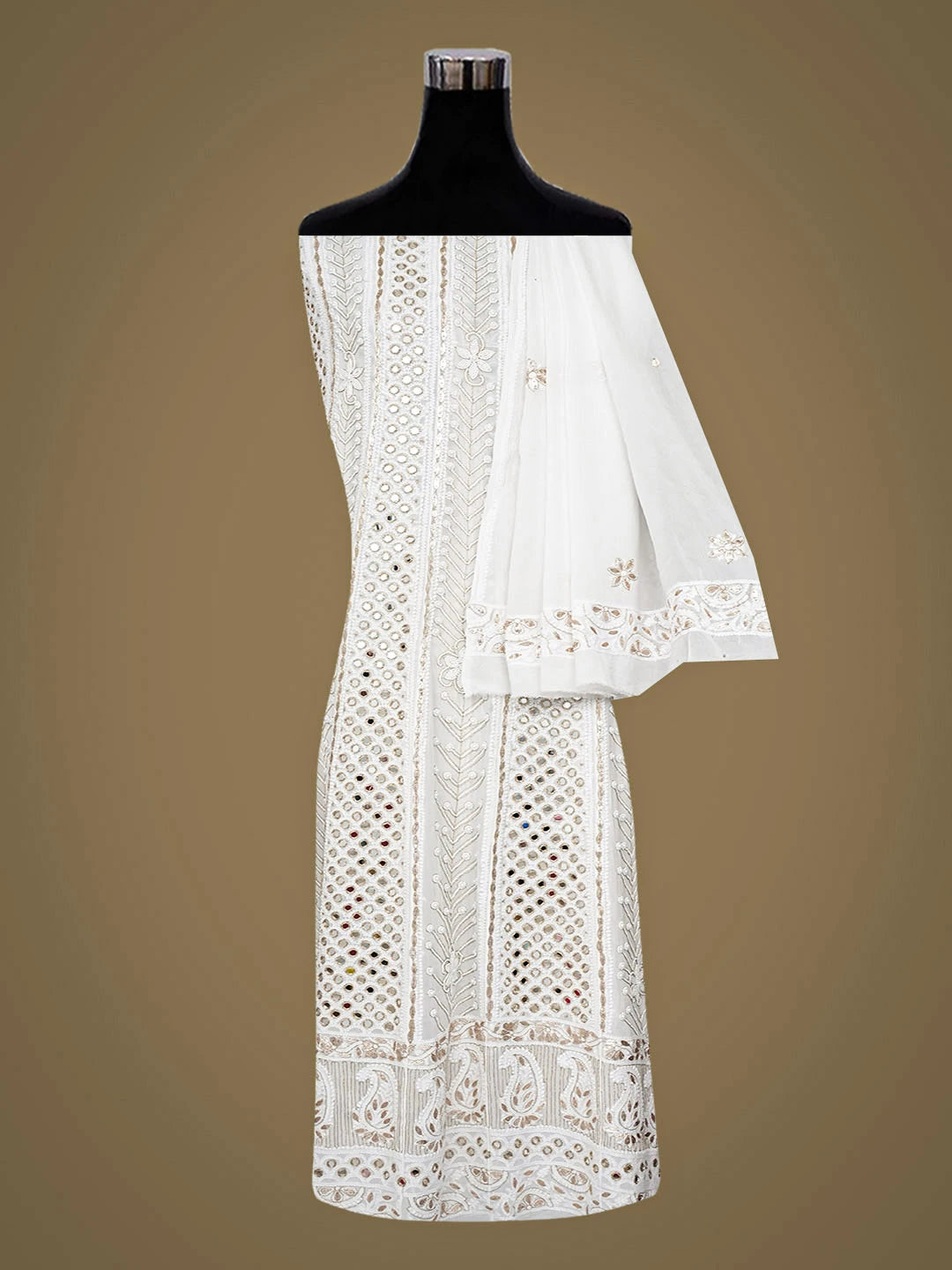 Ada Hand Embroidered White Viscose Georgette Lucknowi Chikankari Semi-Stitched Anarkali Kurta Dupatta Set With Gota Patti Work 01A931732