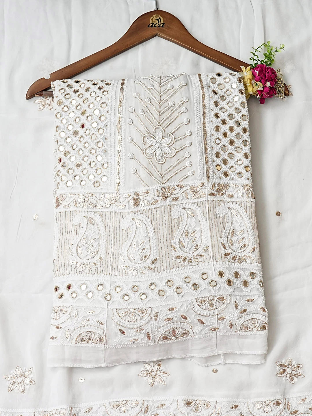Ada Hand Embroidered White Viscose Georgette Lucknowi Chikankari Semi-Stitched Anarkali Kurta Dupatta Set With Gota Patti Work 01A931732