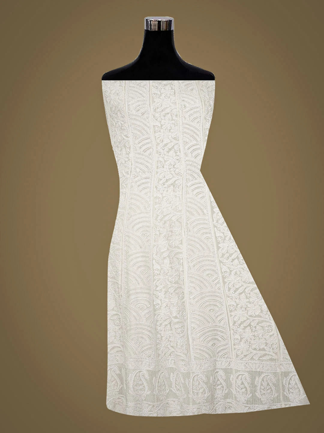 Ada Hand Embroidered White Pure Georgette Lucknowi Chikankari Semi-Stitched Anarkali Kurta Dupatta Set With Pearl Work 01A944026