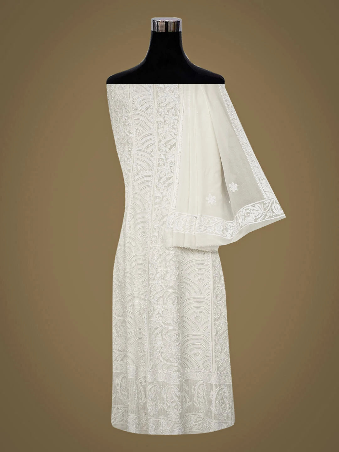 Ada Hand Embroidered White Pure Georgette Lucknowi Chikankari Semi-Stitched Anarkali Kurta Dupatta Set With Pearl Work 01A944026