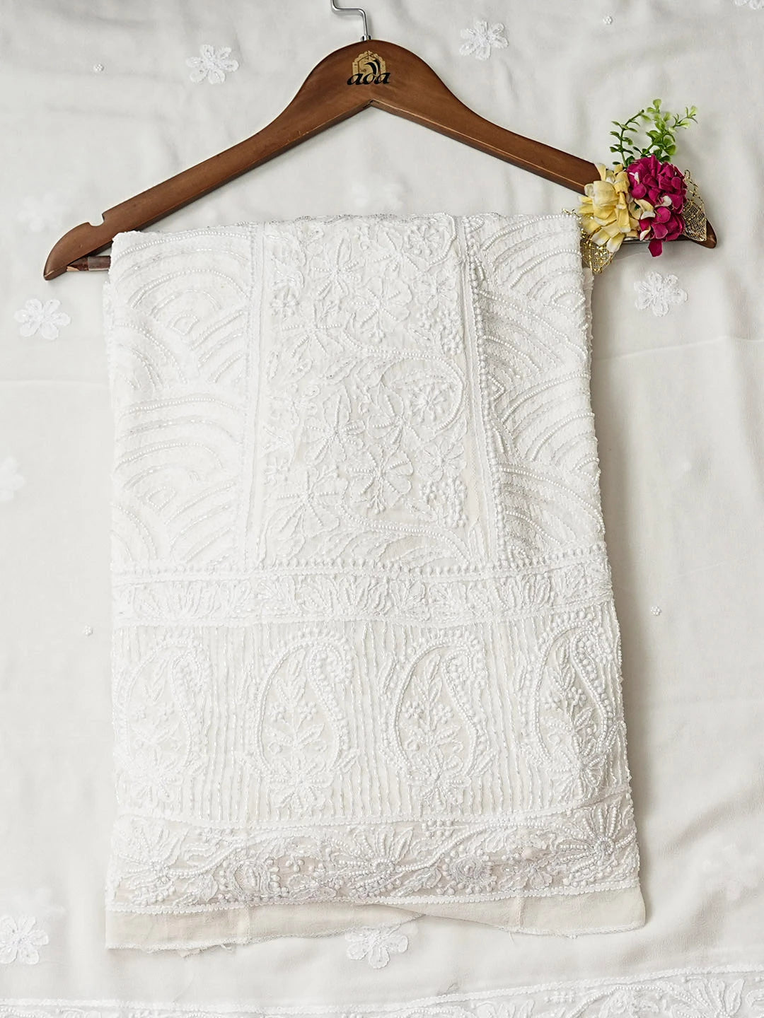 Ada Hand Embroidered White Pure Georgette Lucknowi Chikankari Semi-Stitched Anarkali Kurta Dupatta Set With Pearl Work 01A944026