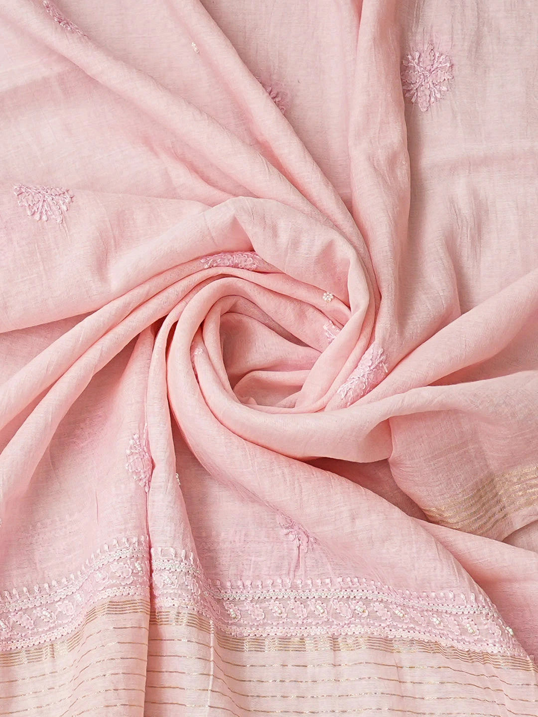 Ada Hand Embroidered Pink Chanderi Lucknowi Chikankari Unstitched Kurta Dupatta Set With Pearl Work 01A890518