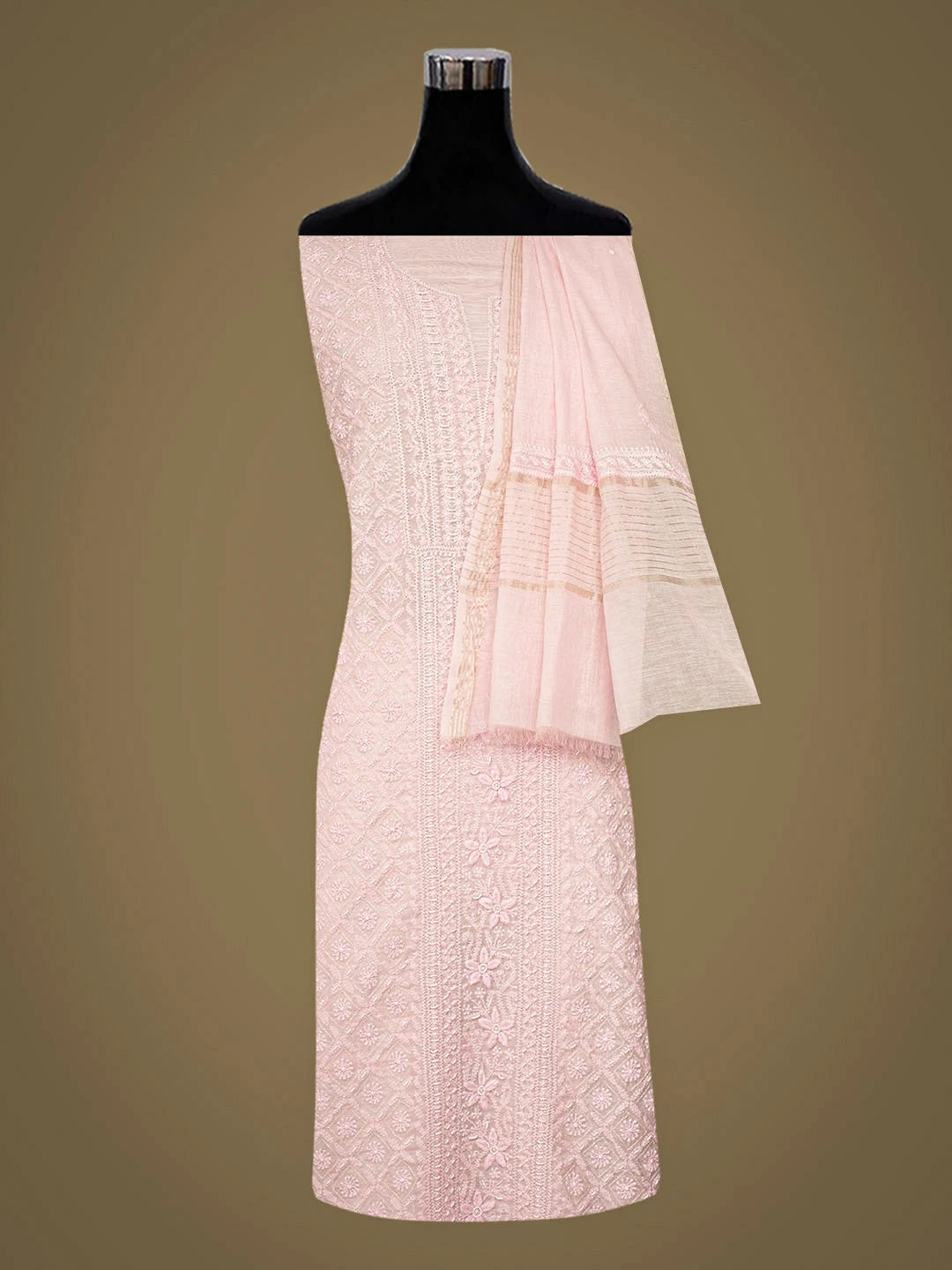 Ada Hand Embroidered Pink Chanderi Lucknowi Chikankari Unstitched Kurta Dupatta Set With Pearl Work 01A890518