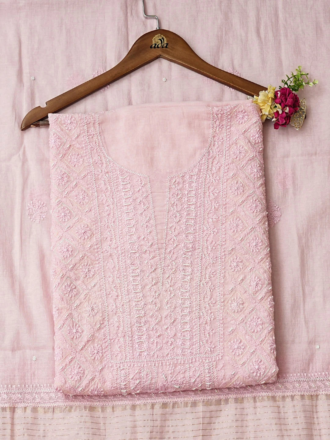 Ada Hand Embroidered Pink Chanderi Lucknowi Chikankari Unstitched Kurta Dupatta Set With Pearl Work 01A890518
