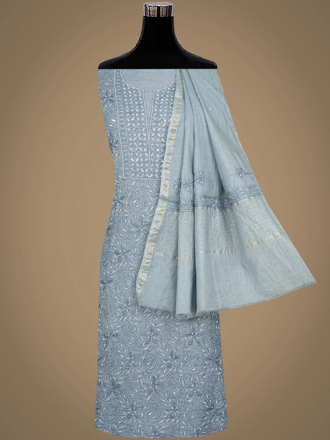 Ada Hand Embroidered Grey Chanderi Lucknowi Chikankari Unstitched Kurta Dupatta Set With Pearl Work 01A939785
