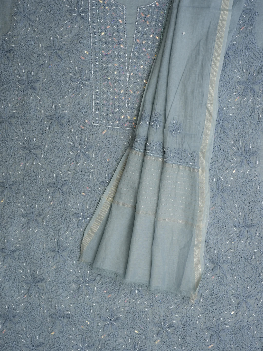 Ada Hand Embroidered Grey Chanderi Lucknowi Chikankari Unstitched Kurta Dupatta Set With Pearl Work 01A939785