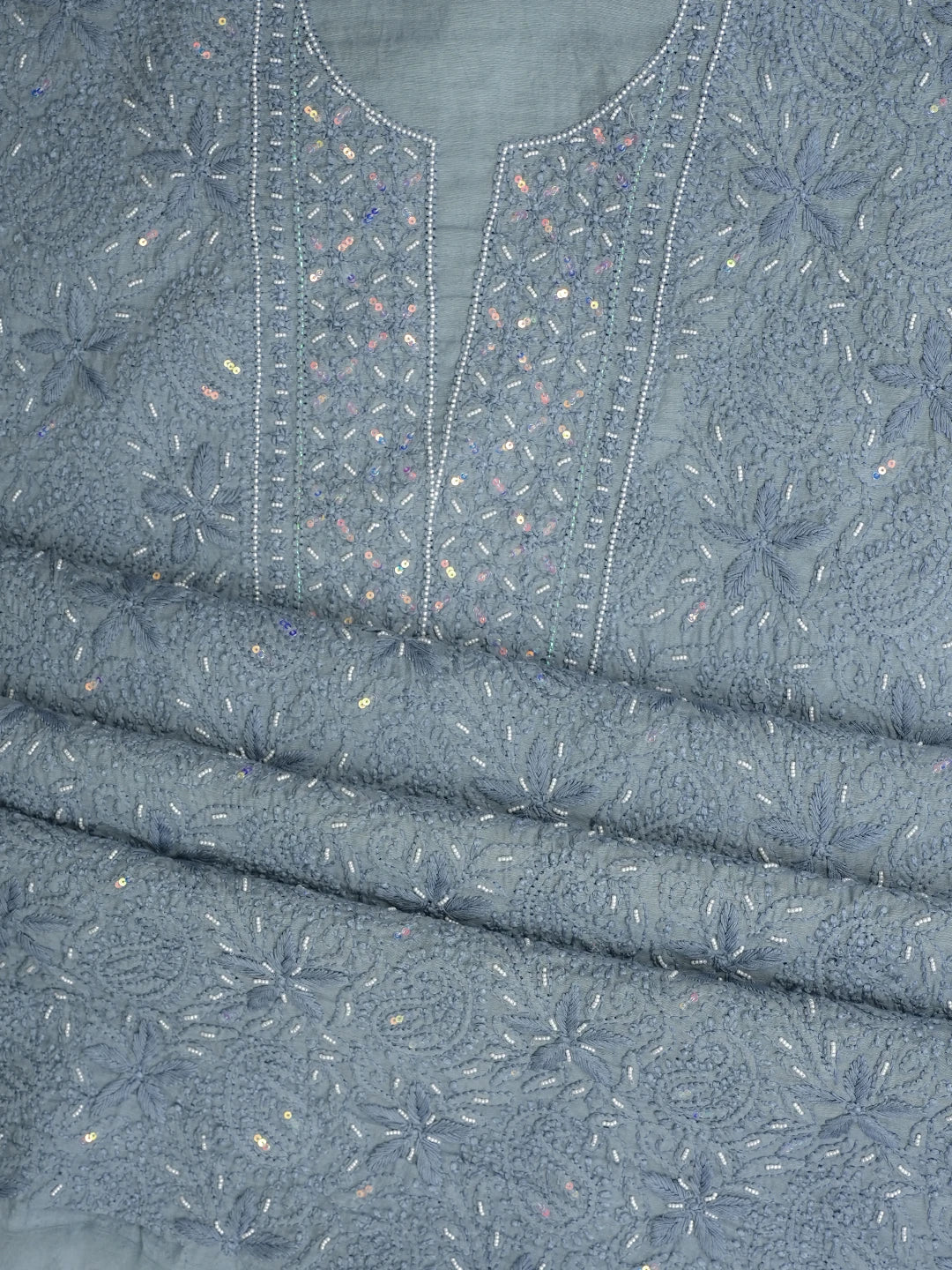 Ada Hand Embroidered Grey Chanderi Lucknowi Chikankari Unstitched Kurta Dupatta Set With Pearl Work 01A939785
