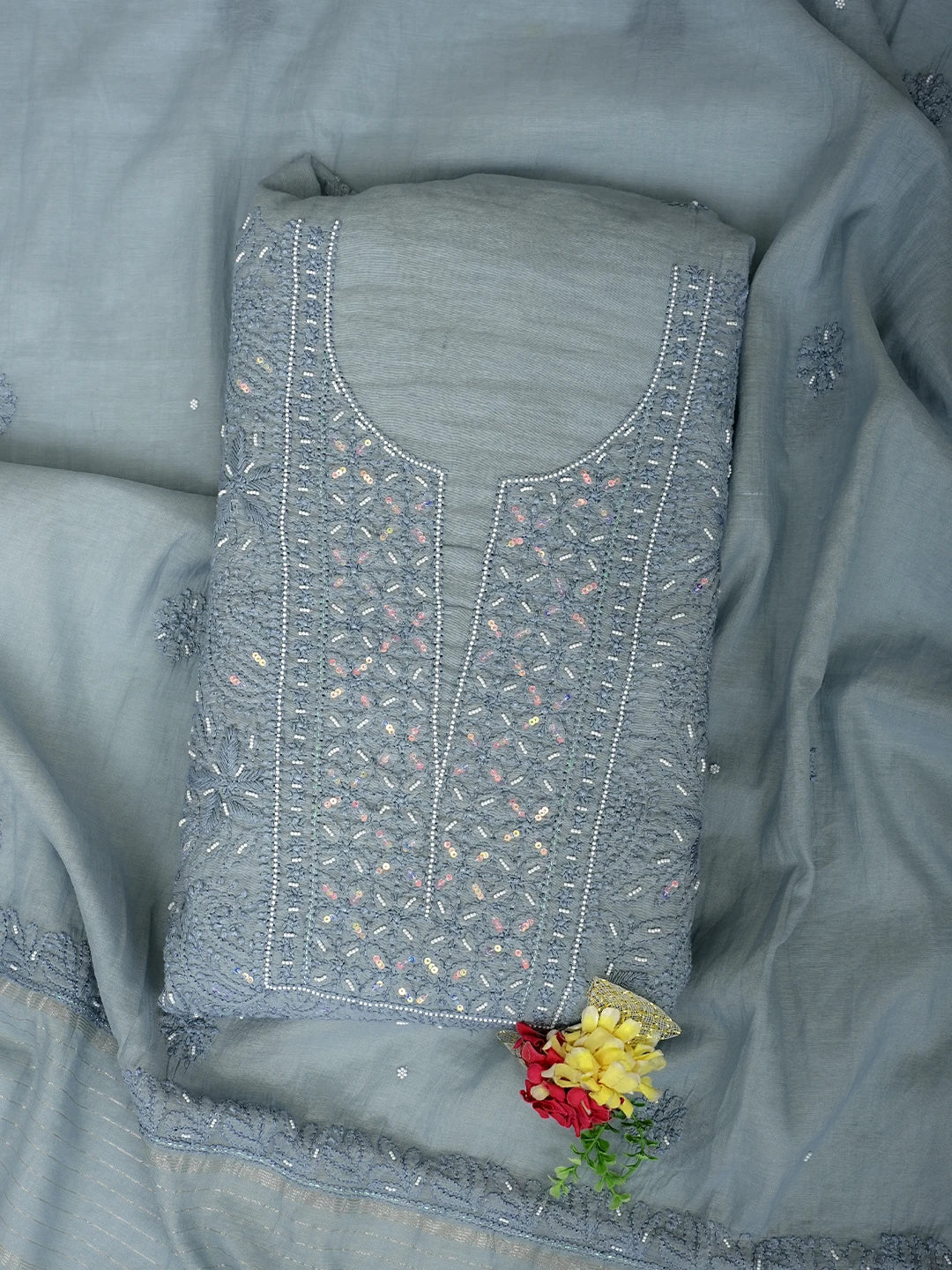 Ada Hand Embroidered Grey Chanderi Lucknowi Chikankari Unstitched Kurta Dupatta Set With Pearl Work 01A939785