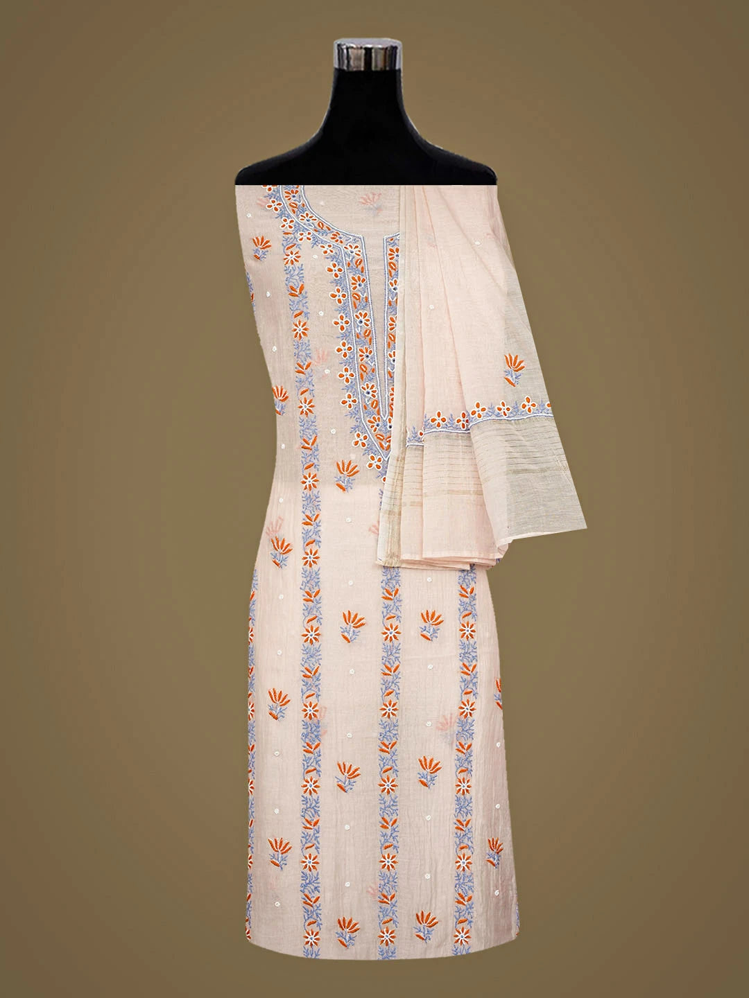 Ada Hand Embroidered Peach Chanderi Lucknowi Chikankari Unstitched Kurta Dupatta Set With Cutdana Work 07A500783