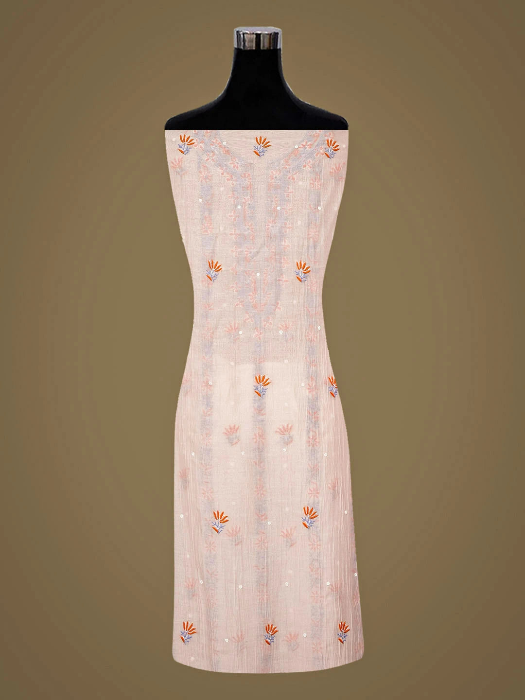Ada Hand Embroidered Peach Chanderi Lucknowi Chikankari Unstitched Kurta Dupatta Set With Cutdana Work 07A500783