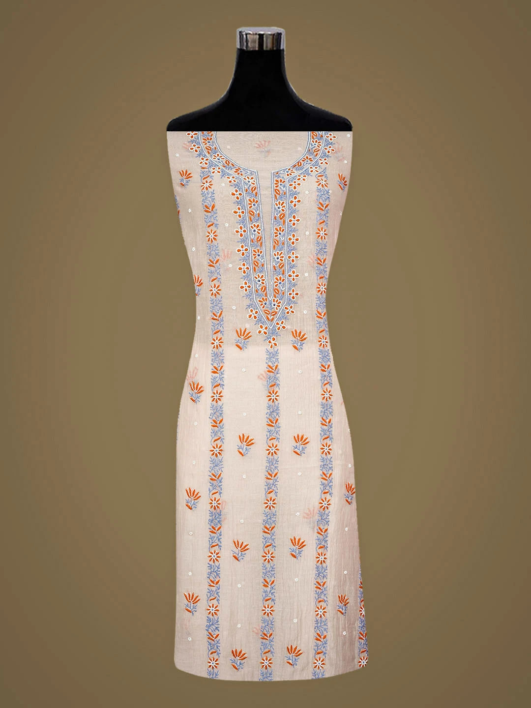 Ada Hand Embroidered Peach Chanderi Lucknowi Chikankari Unstitched Kurta Dupatta Set With Cutdana Work 07A500783