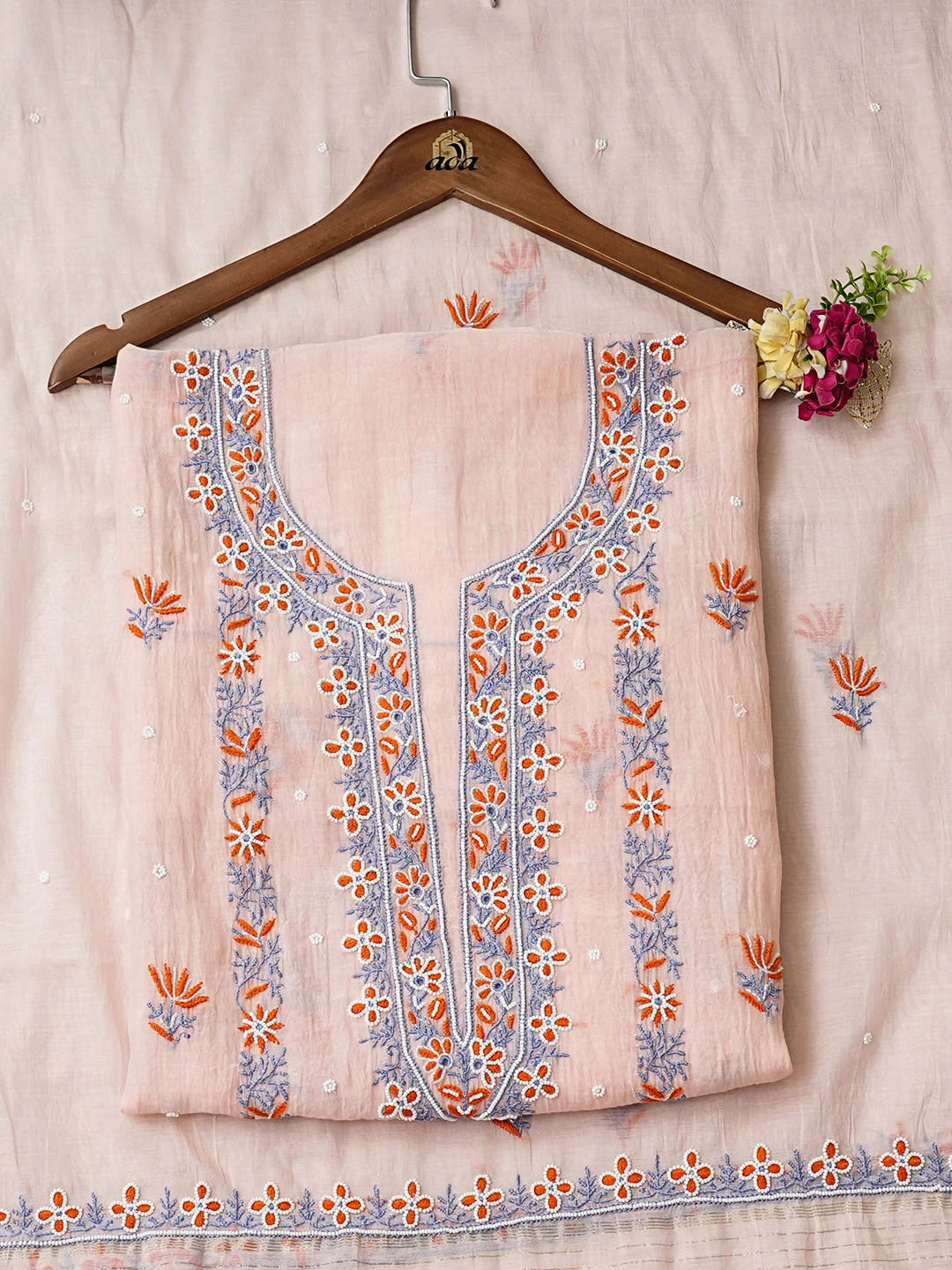 Ada Hand Embroidered Peach Chanderi Lucknowi Chikankari Unstitched Kurta Dupatta Set With Cutdana Work 07A500783