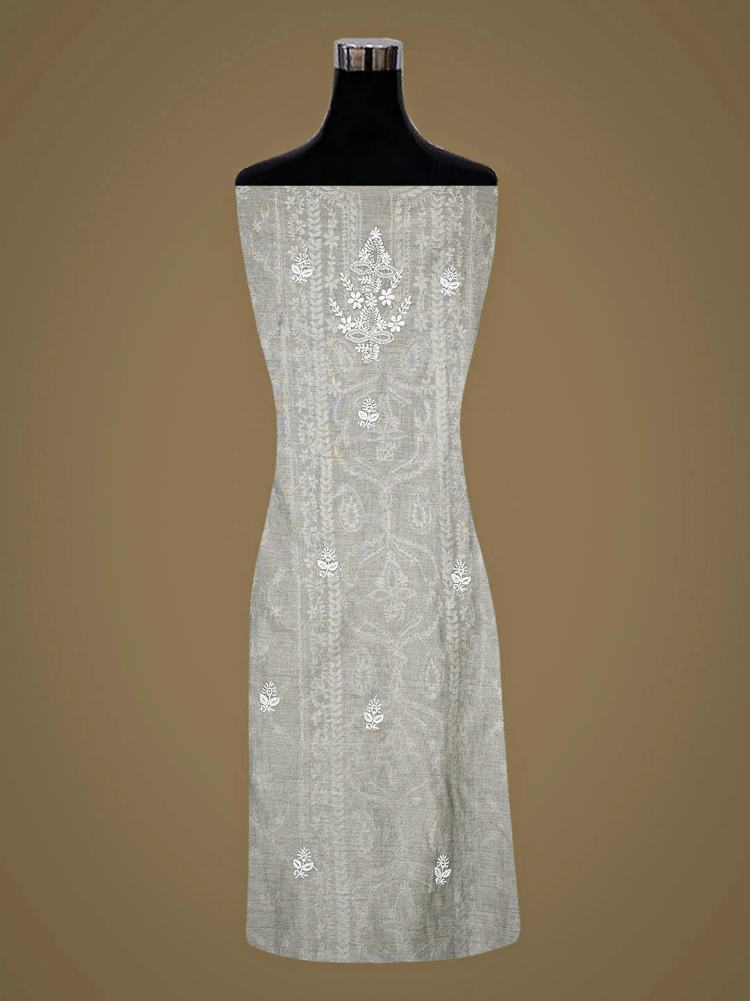 Ada Hand Embroidered Grey Chanderi Lucknowi Chikankari Unstitched Kurta Dupatta Set 01A980234