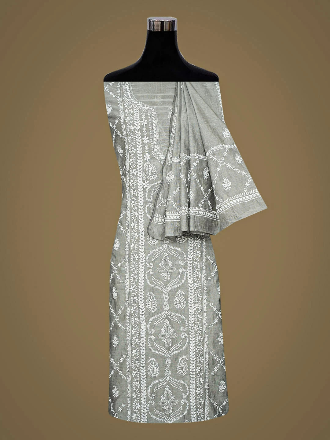 Ada Hand Embroidered Grey Chanderi Lucknowi Chikankari Unstitched Kurta Dupatta Set 01A980234