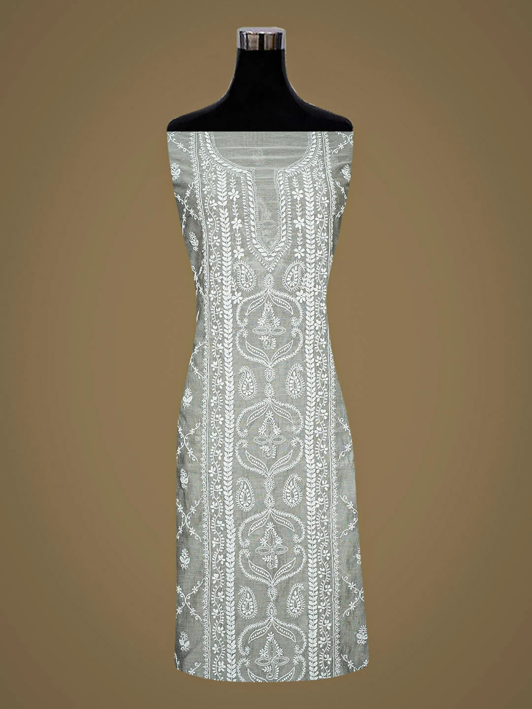 Ada Hand Embroidered Grey Chanderi Lucknowi Chikankari Unstitched Kurta Dupatta Set 01A980234