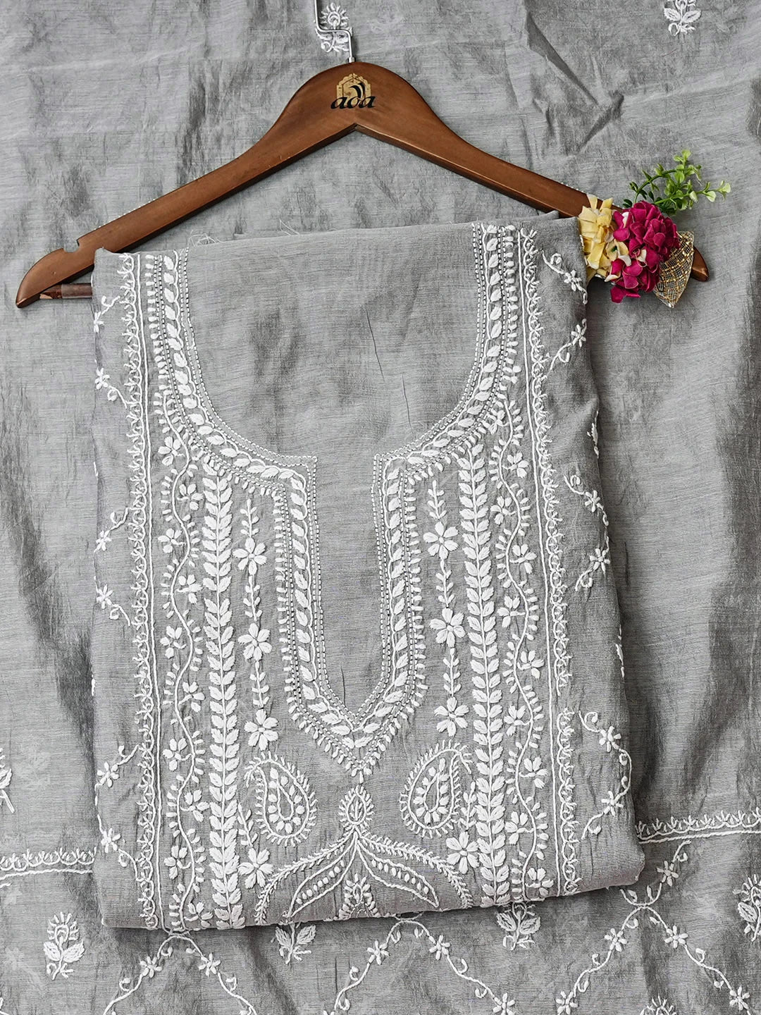 Ada Hand Embroidered Grey Chanderi Lucknowi Chikankari Unstitched Kurta Dupatta Set 01A980234