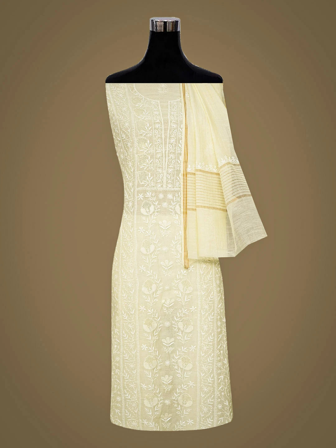 Ada Hand Embroidered Lemon Chanderi Lucknowi Chikankari Unstitched Kurta Dupatta Set 01A972687