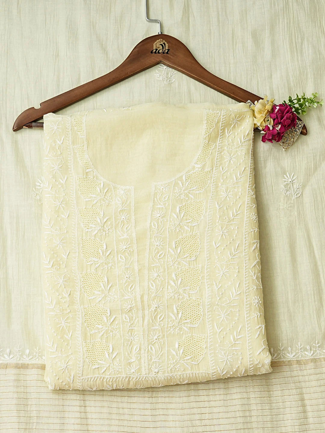 Ada Hand Embroidered Lemon Chanderi Lucknowi Chikankari Unstitched Kurta Dupatta Set 01A972687