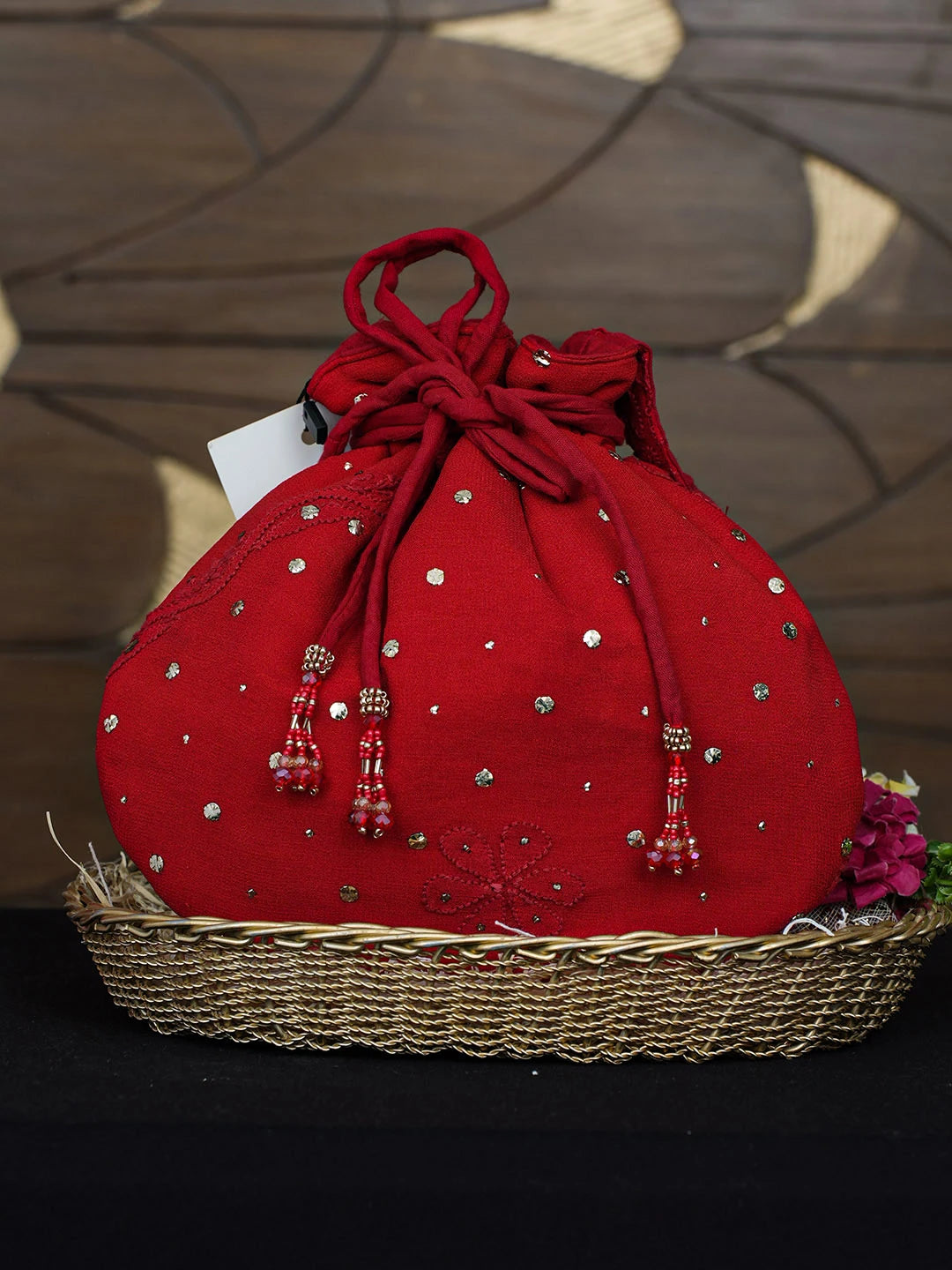 Ada Hand Embroidered Red Viscosse Georgette Lucknowi Chikankari Potli Bag With Muqaish/Mukaish Work 01A977989