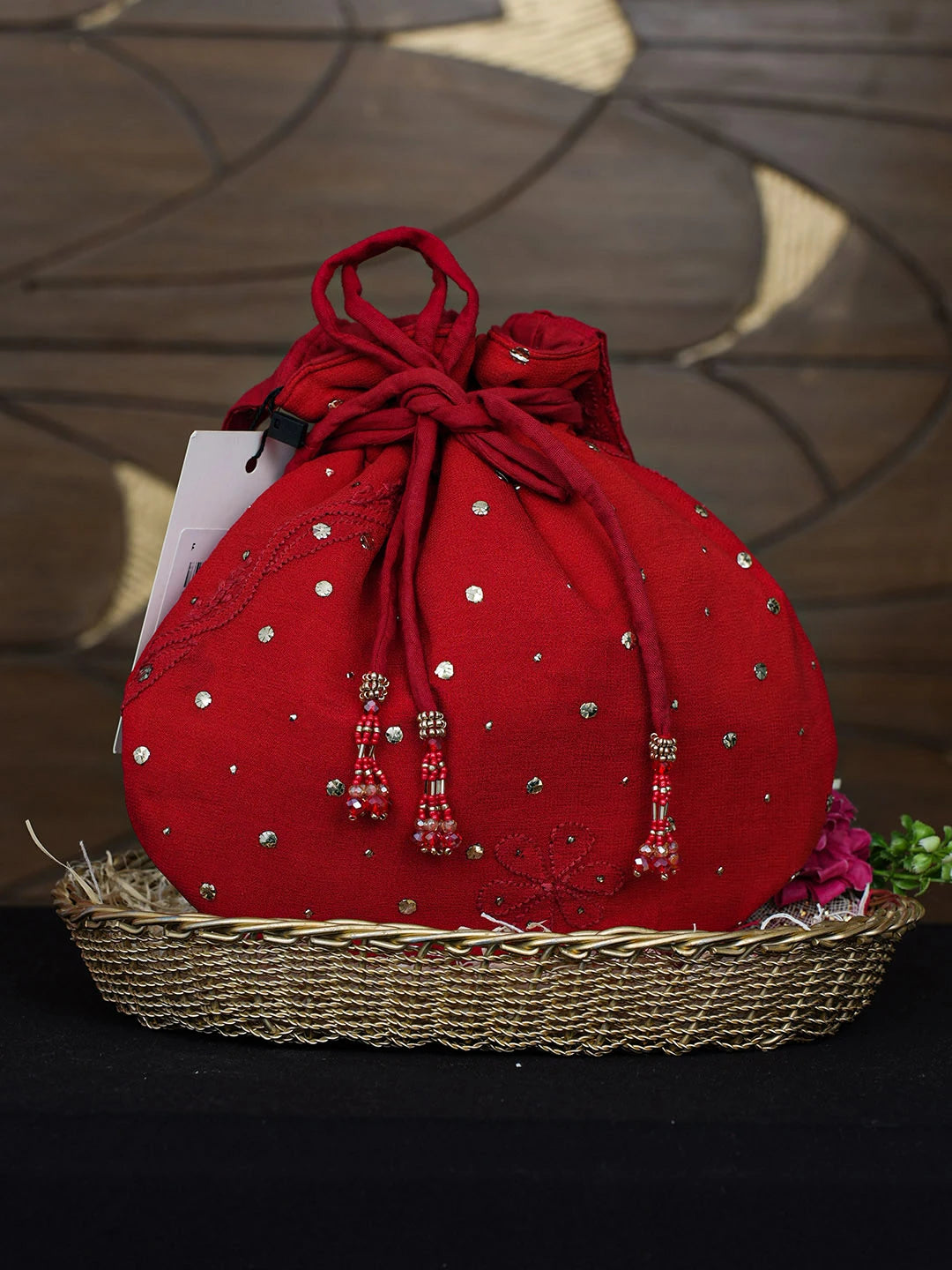 Ada Hand Embroidered Red Viscosse Georgette Lucknowi Chikankari Potli Bag With Muqaish/Mukaish Work 01A977989