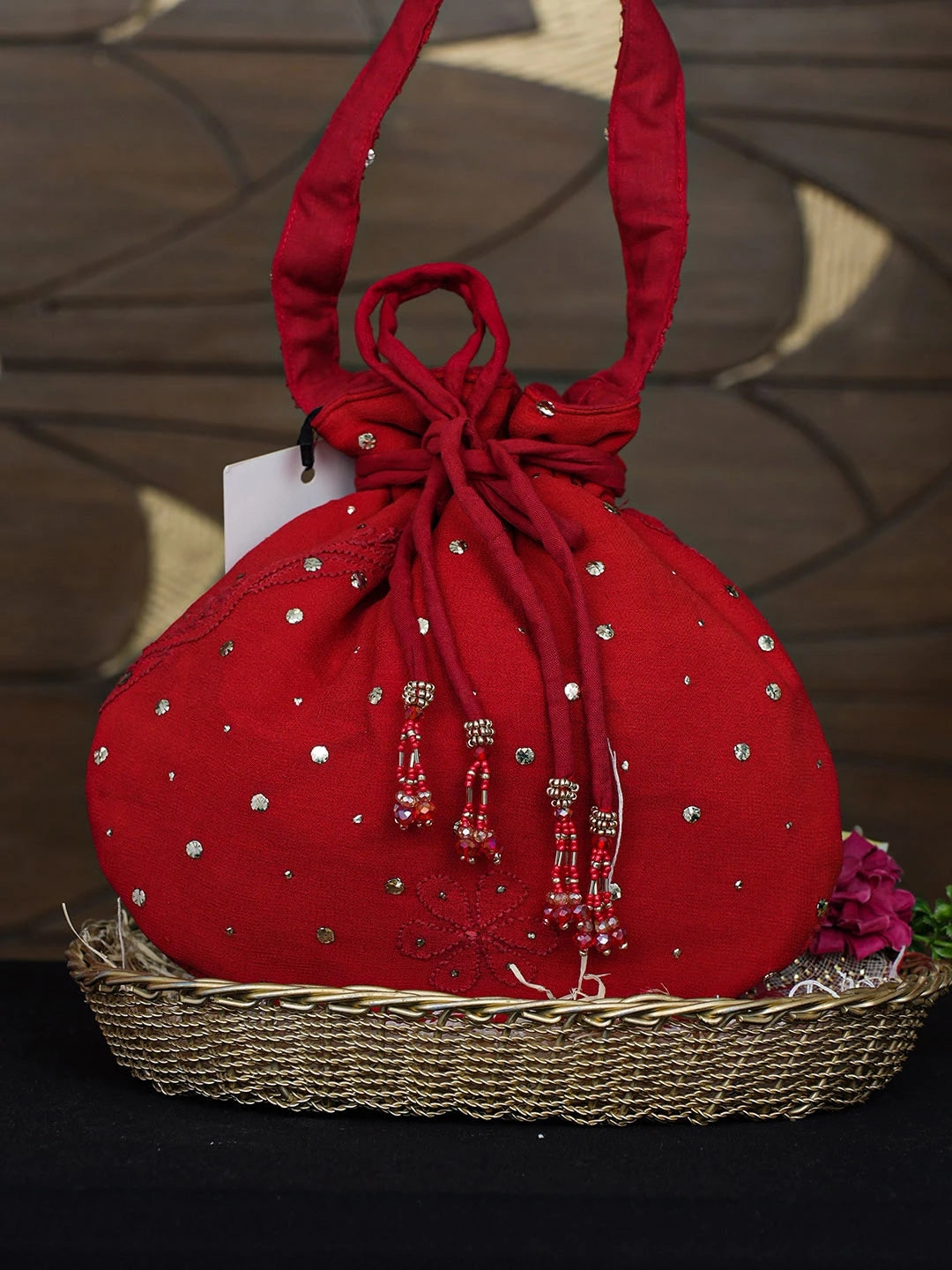 Ada Hand Embroidered Red Viscosse Georgette Lucknowi Chikankari Potli Bag With Muqaish/Mukaish Work 01A977989