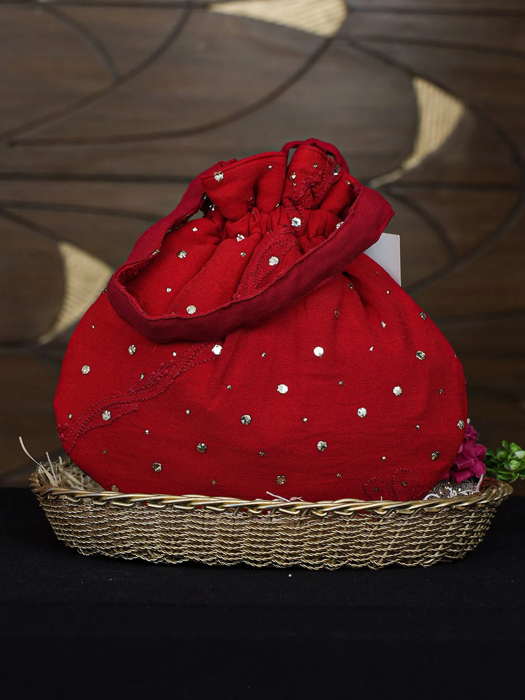 Ada Hand Embroidered Red Viscosse Georgette Lucknowi Chikankari Potli Bag With Muqaish/Mukaish Work 01A977989