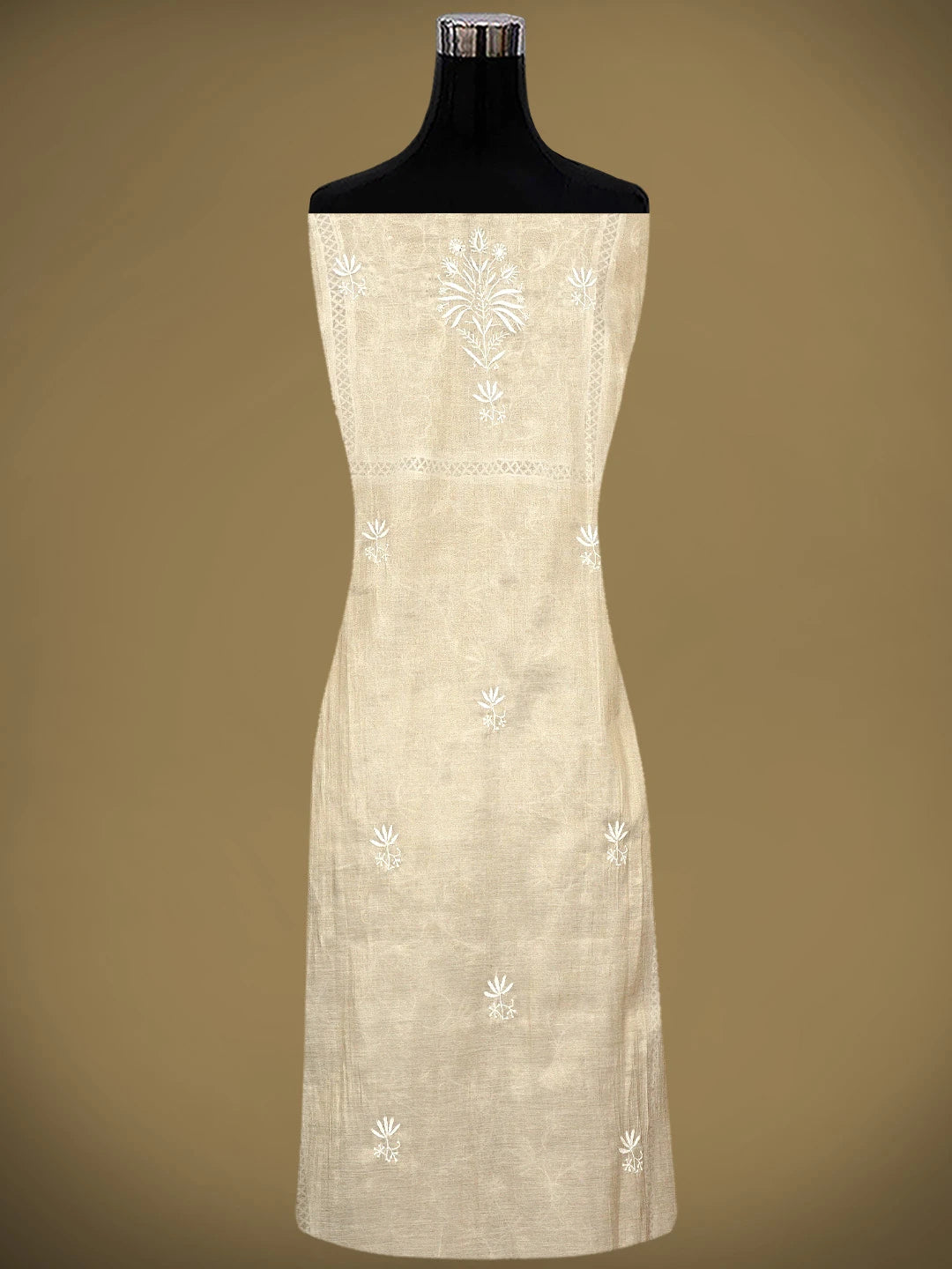 Ada Hand Embroidered Fawn Tissue Lucknowi Chikankari Semi Stitched Kurta Dupatta Set With Zari Work 07A500205