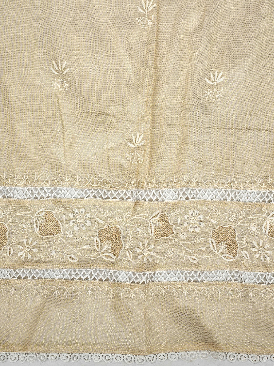Ada Hand Embroidered Fawn Tissue Lucknowi Chikankari Semi Stitched Kurta Dupatta Set With Zari Work 07A500205