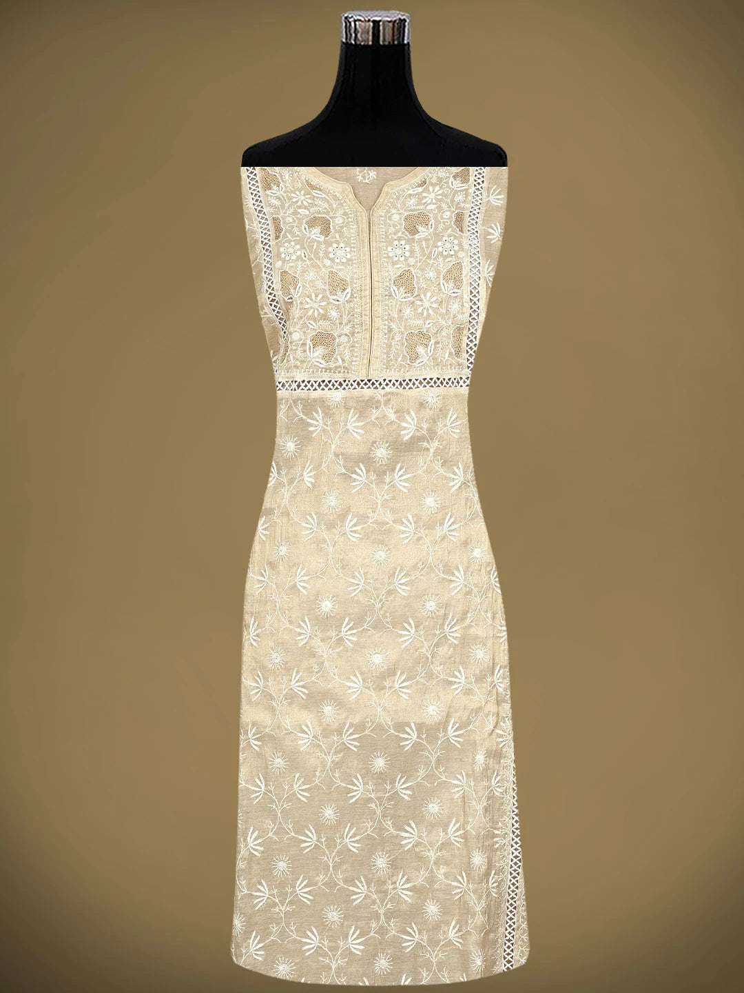 Ada Hand Embroidered Fawn Tissue Lucknowi Chikankari Semi Stitched Kurta Dupatta Set With Zari Work 07A500205