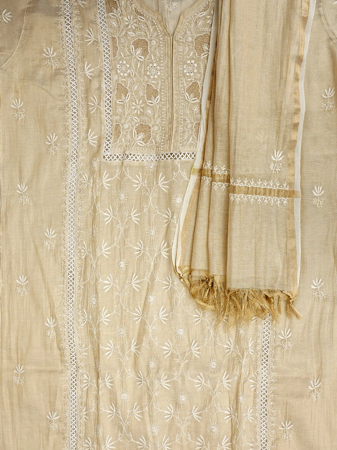 Ada Hand Embroidered Fawn Tissue Lucknowi Chikankari Semi Stitched Kurta Dupatta Set With Zari Work 07A500205