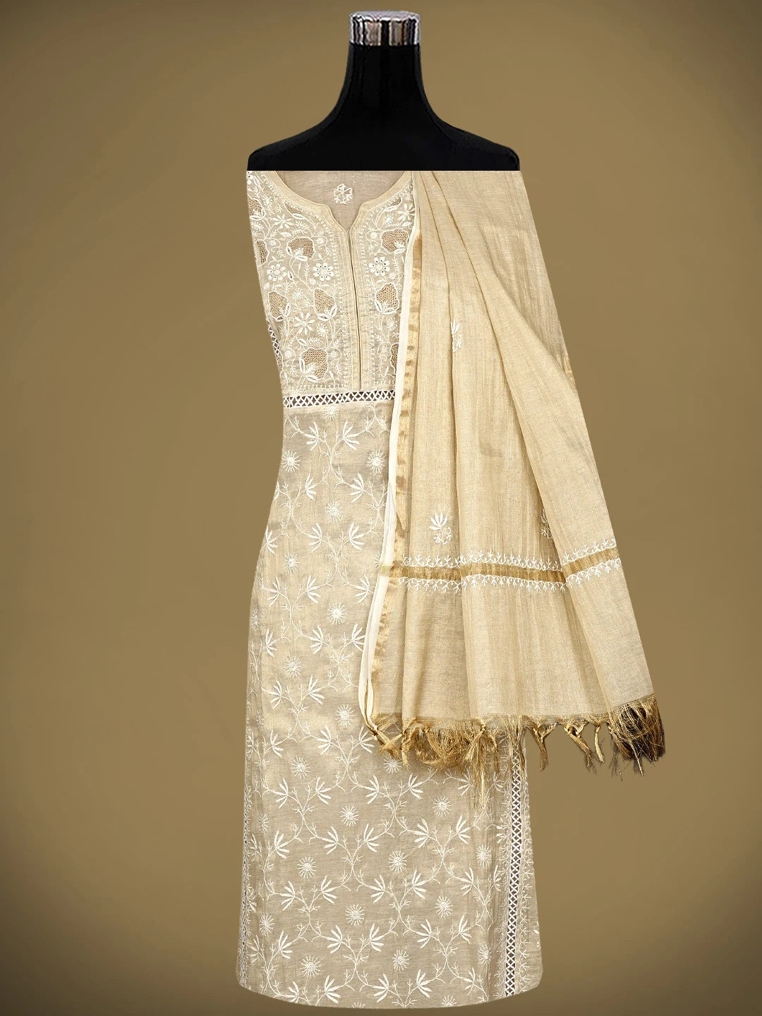 Ada Hand Embroidered Fawn Tissue Lucknowi Chikankari Semi Stitched Kurta Dupatta Set With Zari Work 07A500205