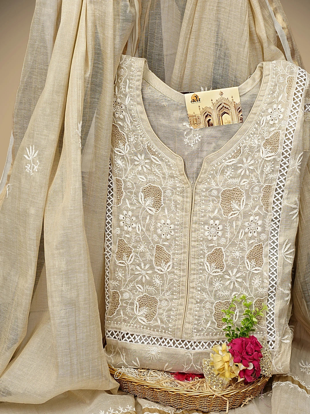 Ada Hand Embroidered Fawn Tissue Lucknowi Chikankari Semi Stitched Kurta Dupatta Set With Zari Work 07A500205