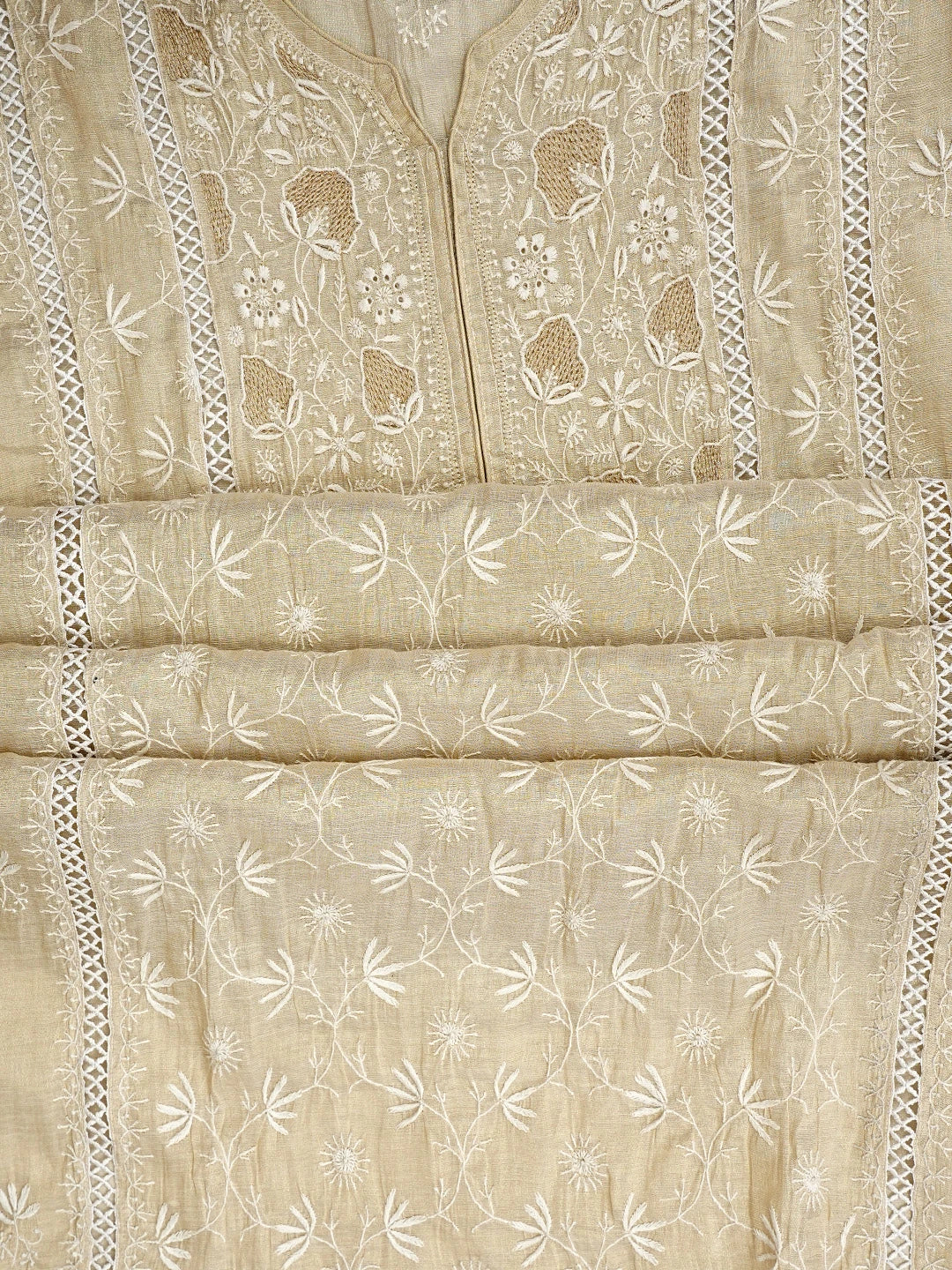 Ada Hand Embroidered Fawn Tissue Lucknowi Chikankari Semi Stitched Kurta Dupatta Set With Zari Work 07A500205