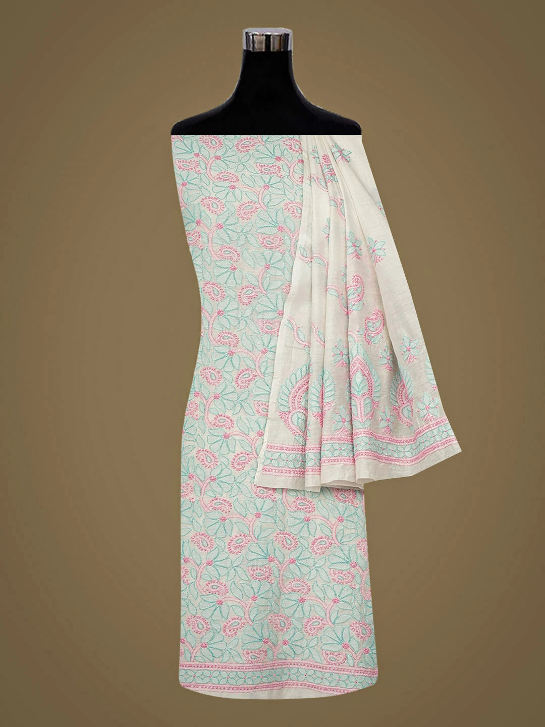 Ada Hand Embroidered Floral White Chanderi Lucknowi Chikankari Unstitched Kurta Dupatta Set 01A980412