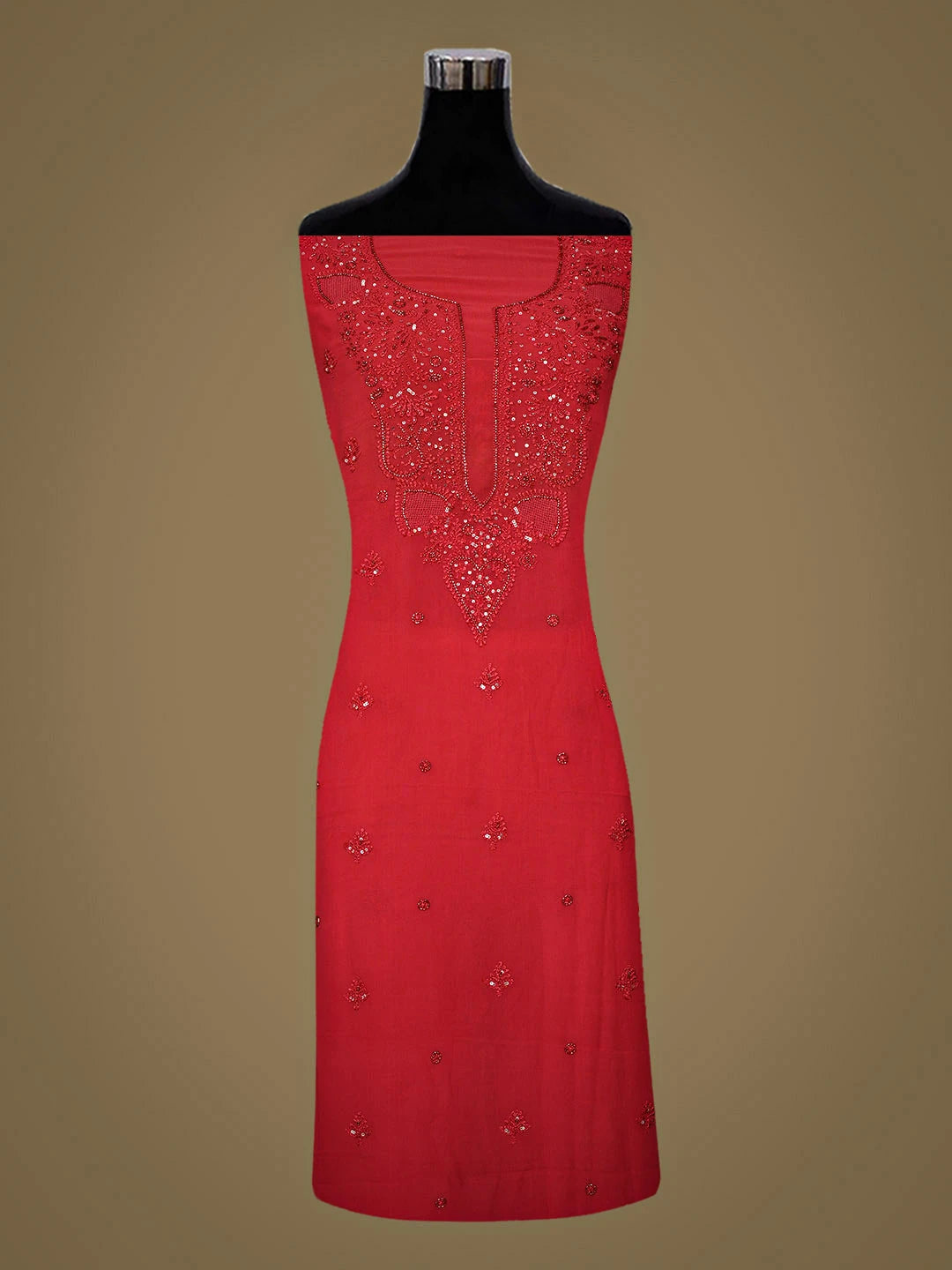 Ada Hand Embroidered Red Viscose Georgette Lucknowi Chikankari Unstitched Suit Piece With Cutdana Work 01A922573