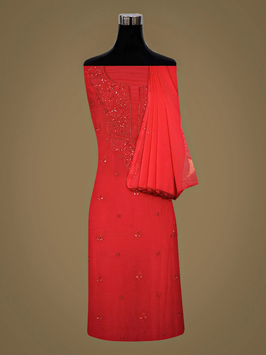 Ada Hand Embroidered Red Viscose Georgette Lucknowi Chikankari Unstitched Suit Piece With Cutdana Work 01A922573