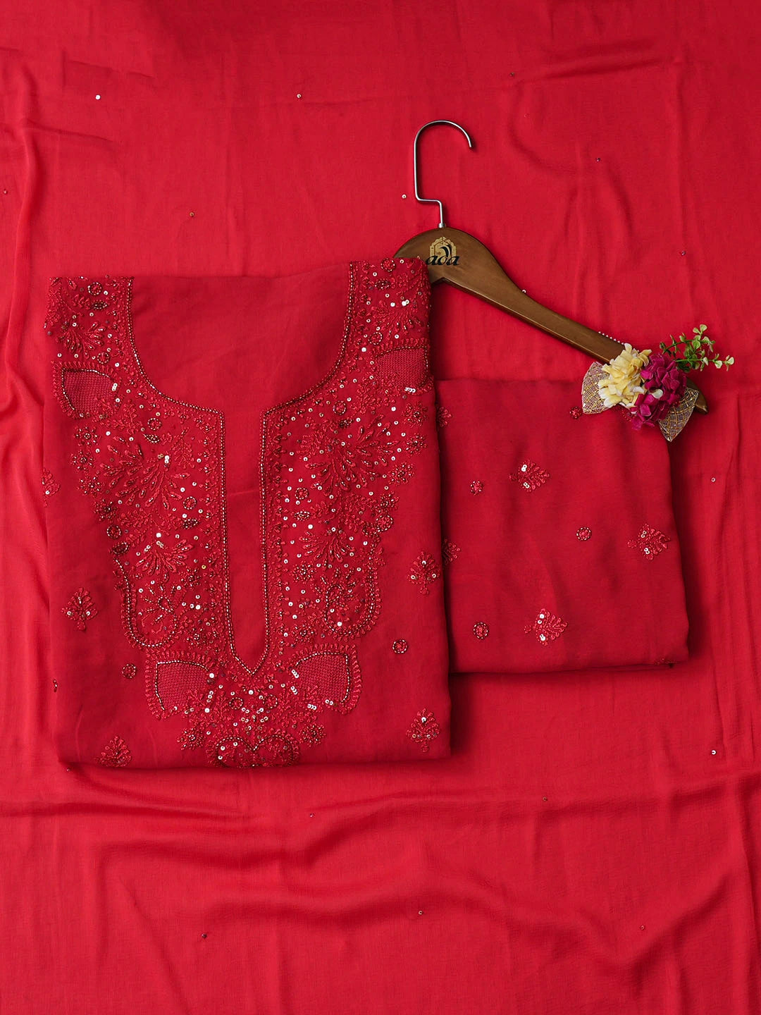 Ada Hand Embroidered Red Viscose Georgette Lucknowi Chikankari Unstitched Suit Piece With Cutdana Work 01A922573