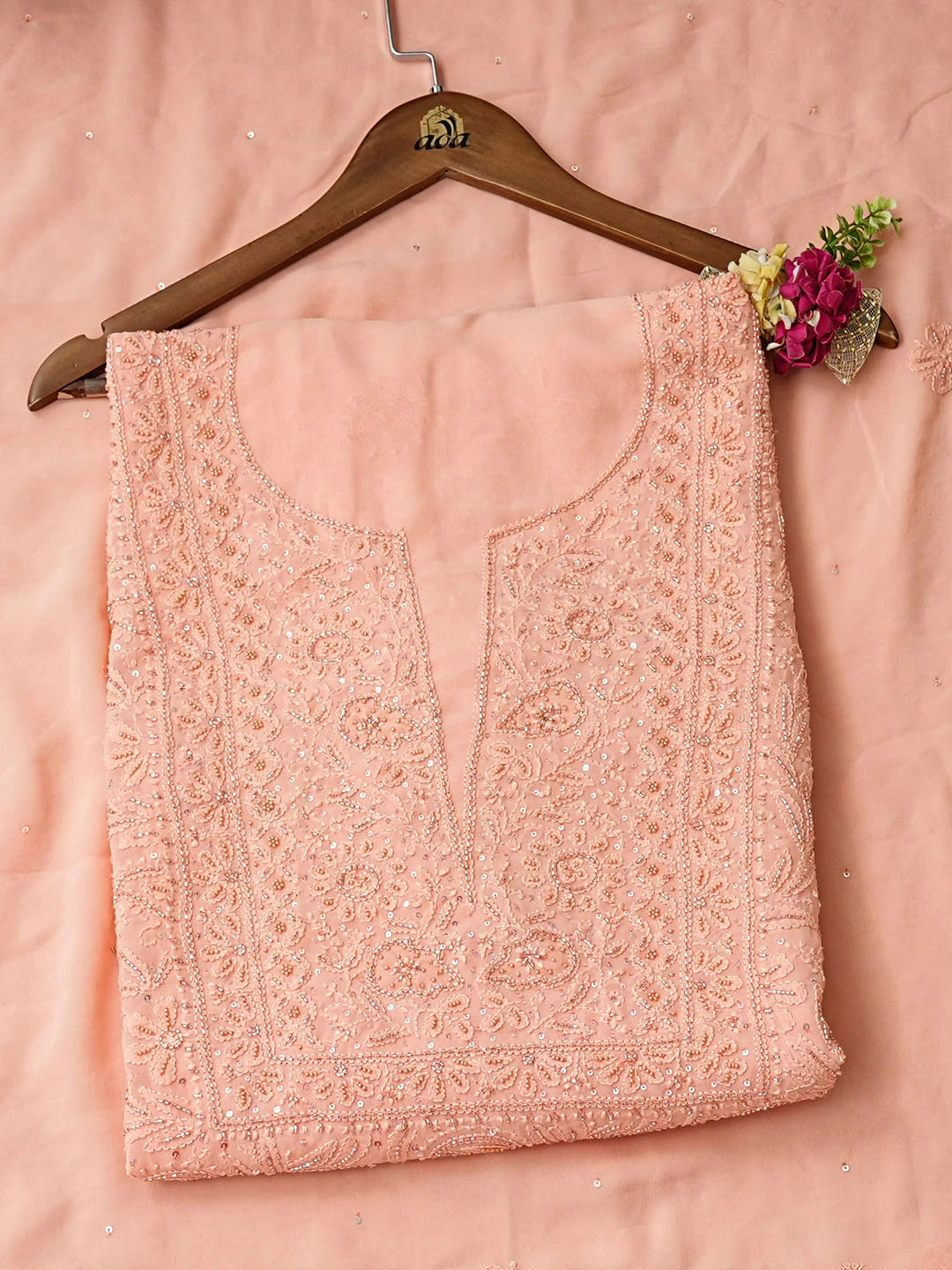 Ada Hand Embroidered Dark Salmon Orange Viscose Georgette Lucknowi Chikankari Unstitched Kurta Dupatta Set With Cutdana Work 01A933280