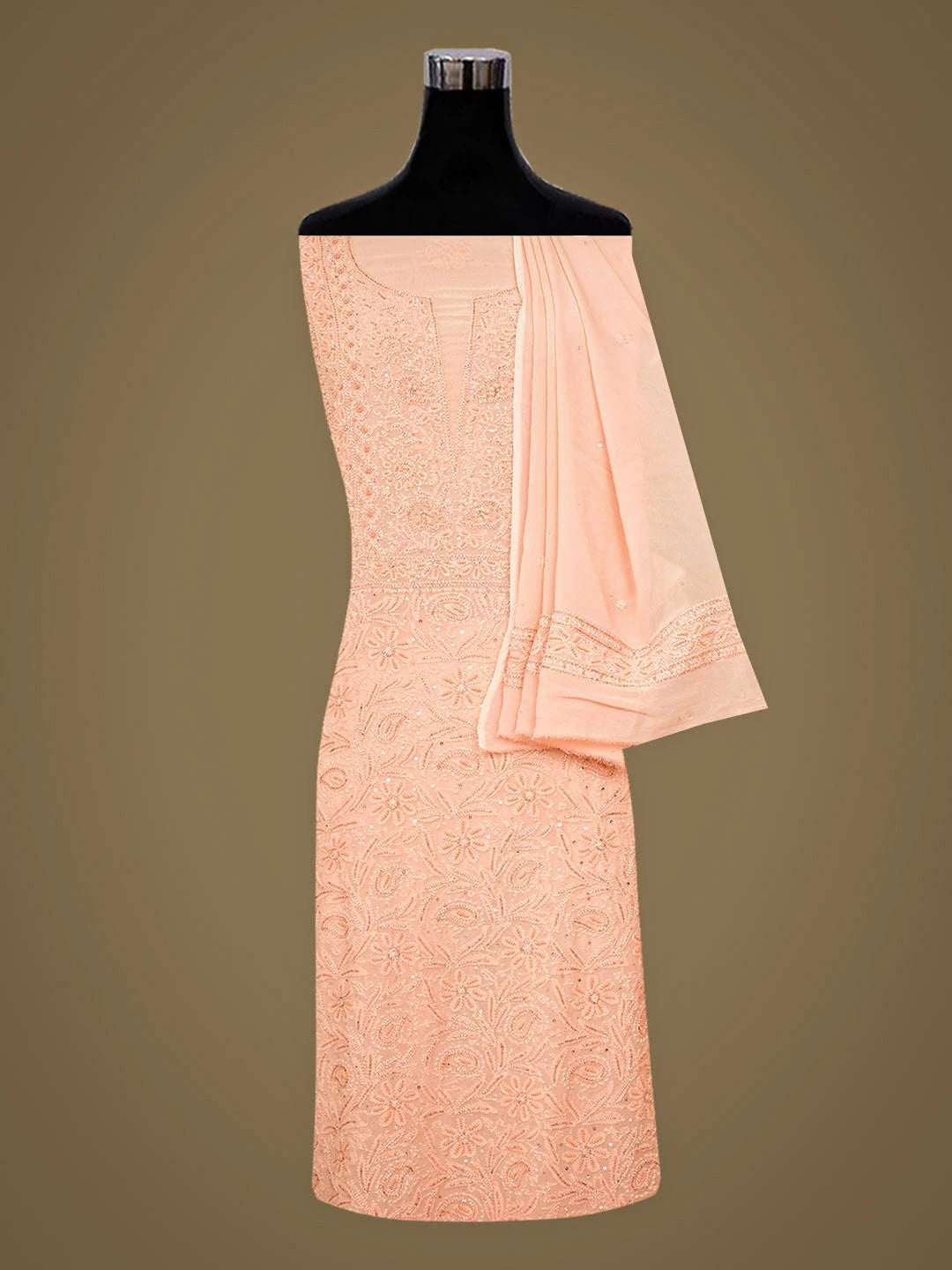 Ada Hand Embroidered Dark Salmon Orange Viscose Georgette Lucknowi Chikankari Unstitched Kurta Dupatta Set With Cutdana Work 01A933280
