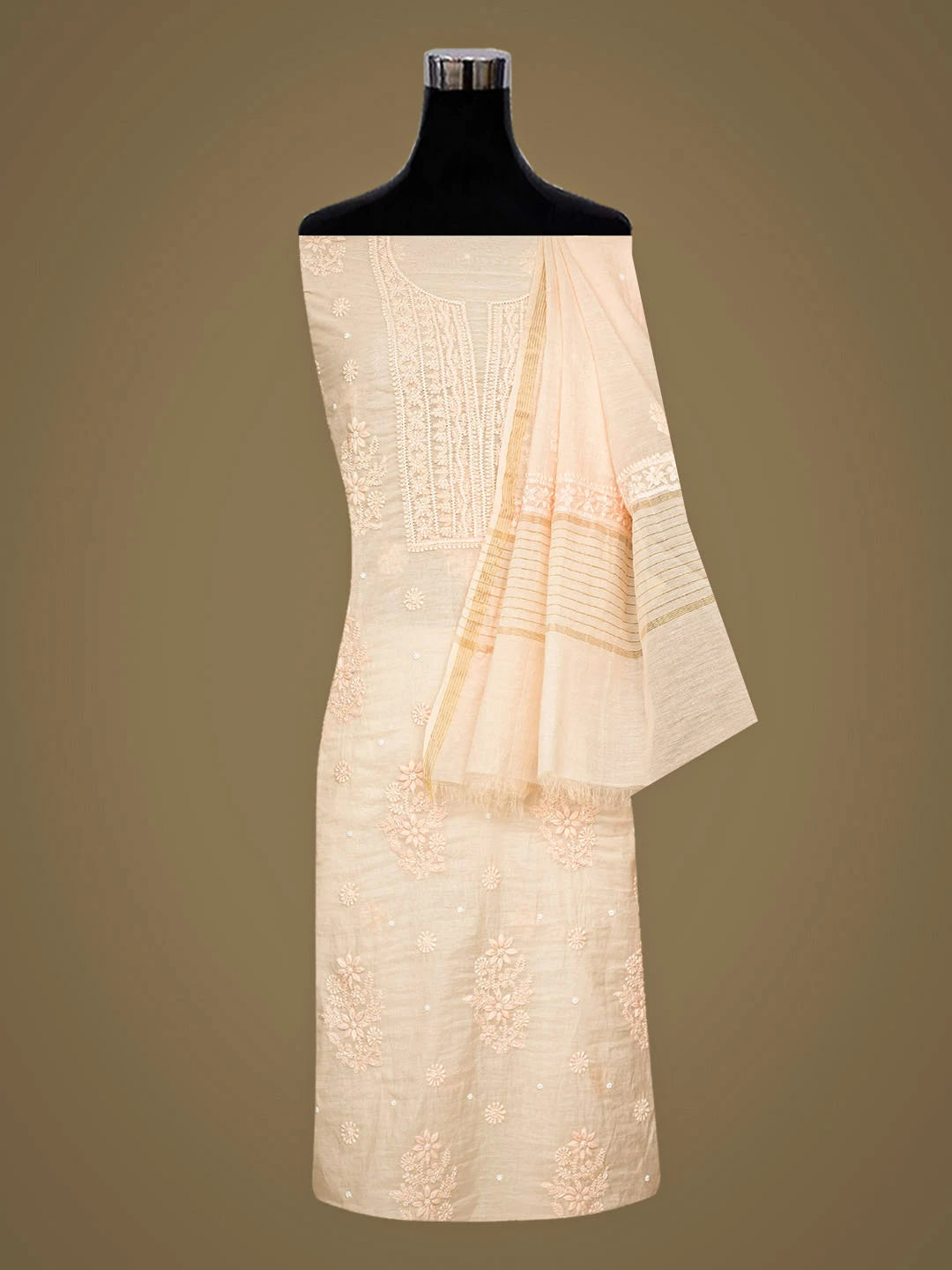 Ada Hand Embroidered Crayola Peach Chanderi Lucknowi Chikankari Unstitched Kurta Dupatta Set With Pearl Work 01A972796