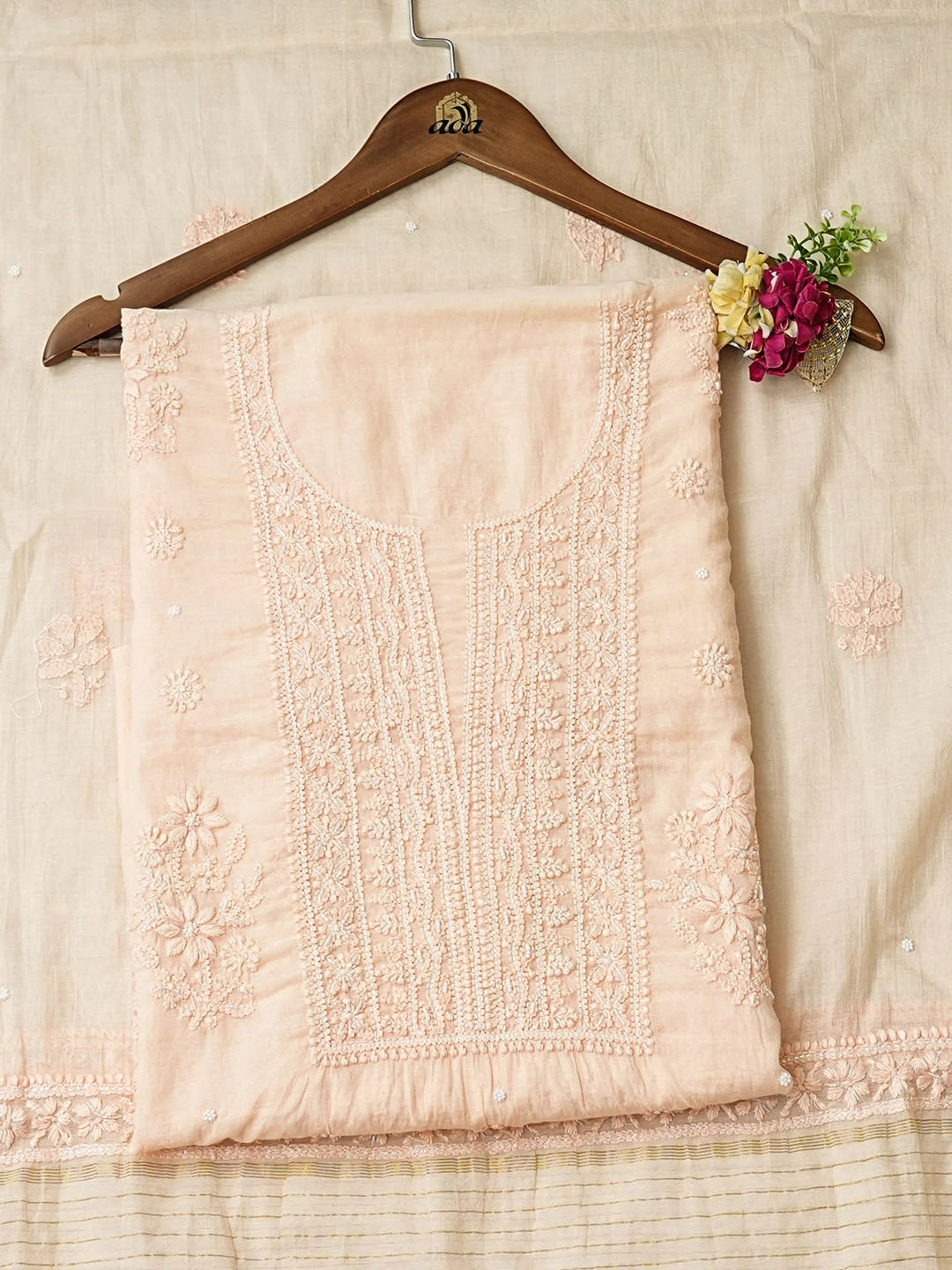 Ada Hand Embroidered Crayola Peach Chanderi Lucknowi Chikankari Unstitched Kurta Dupatta Set With Pearl Work 01A972796