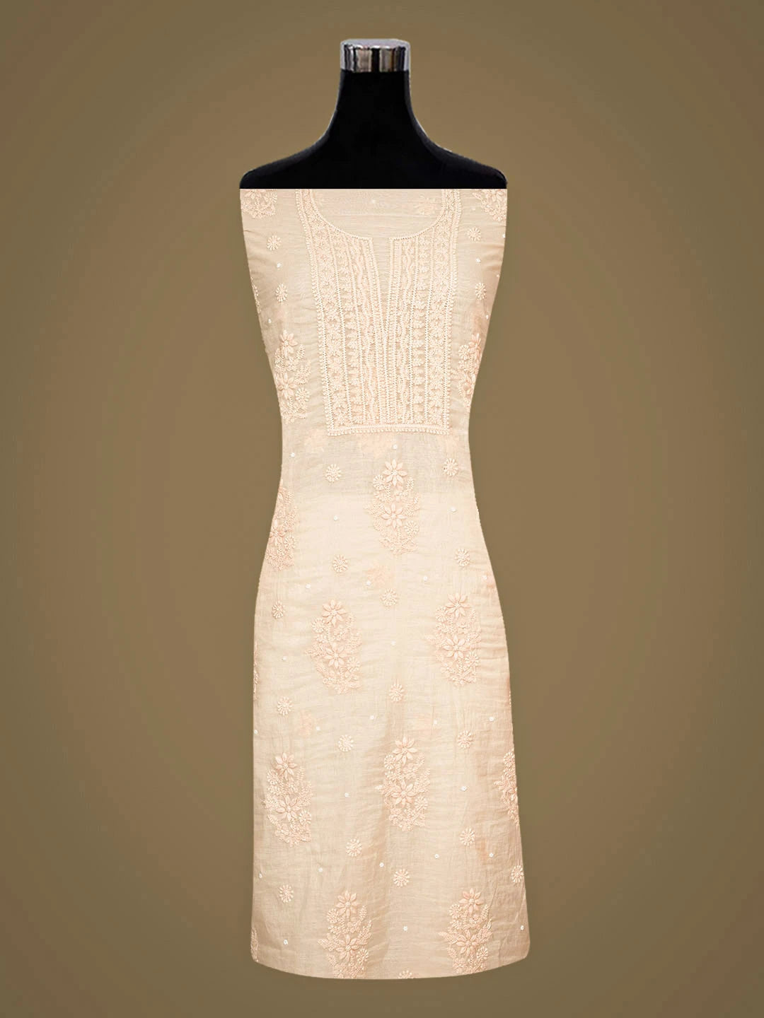 Ada Hand Embroidered Crayola Peach Chanderi Lucknowi Chikankari Unstitched Kurta Dupatta Set With Pearl Work 01A972796