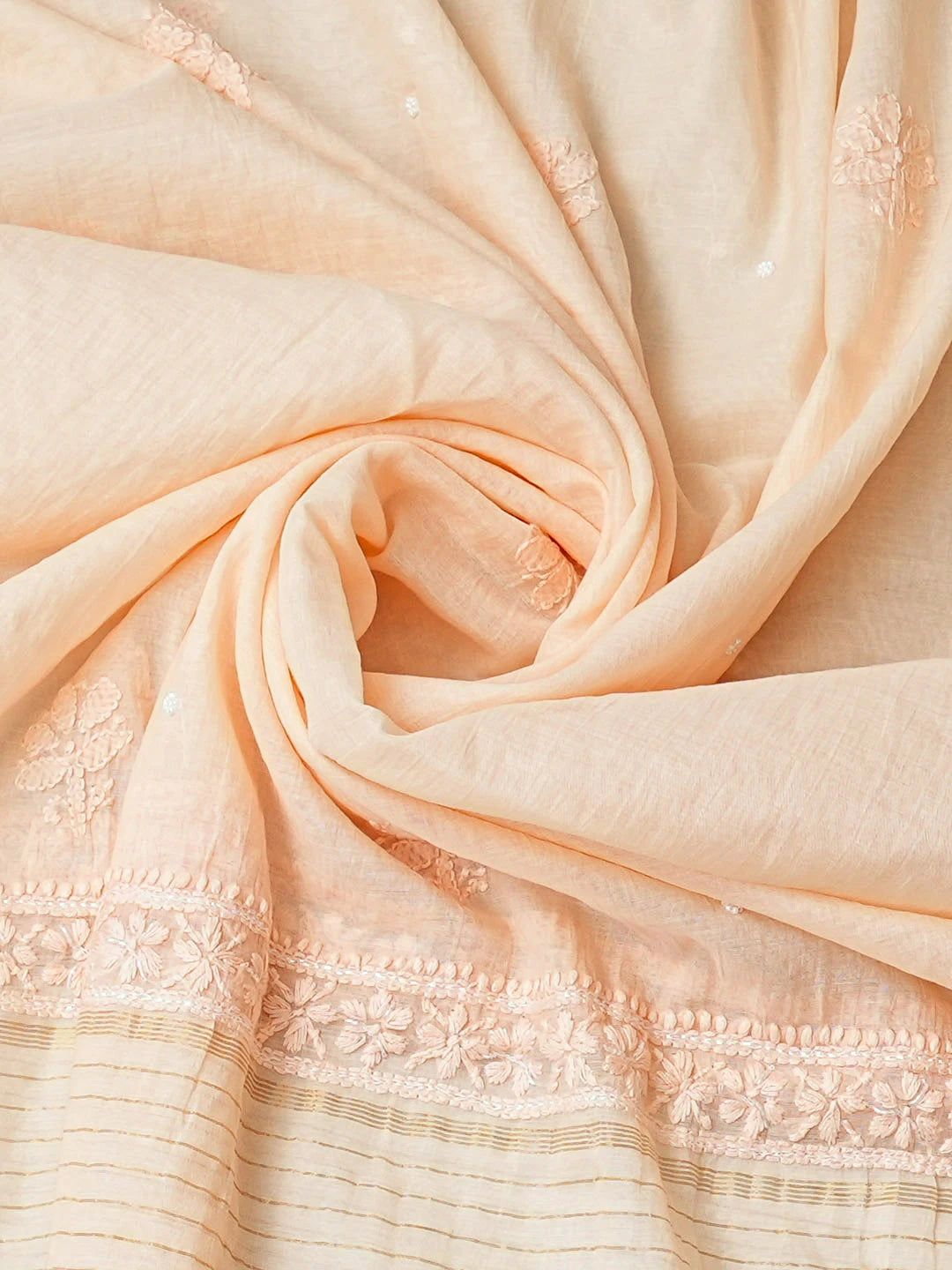 Ada Hand Embroidered Crayola Peach Chanderi Lucknowi Chikankari Unstitched Kurta Dupatta Set With Pearl Work 01A972796