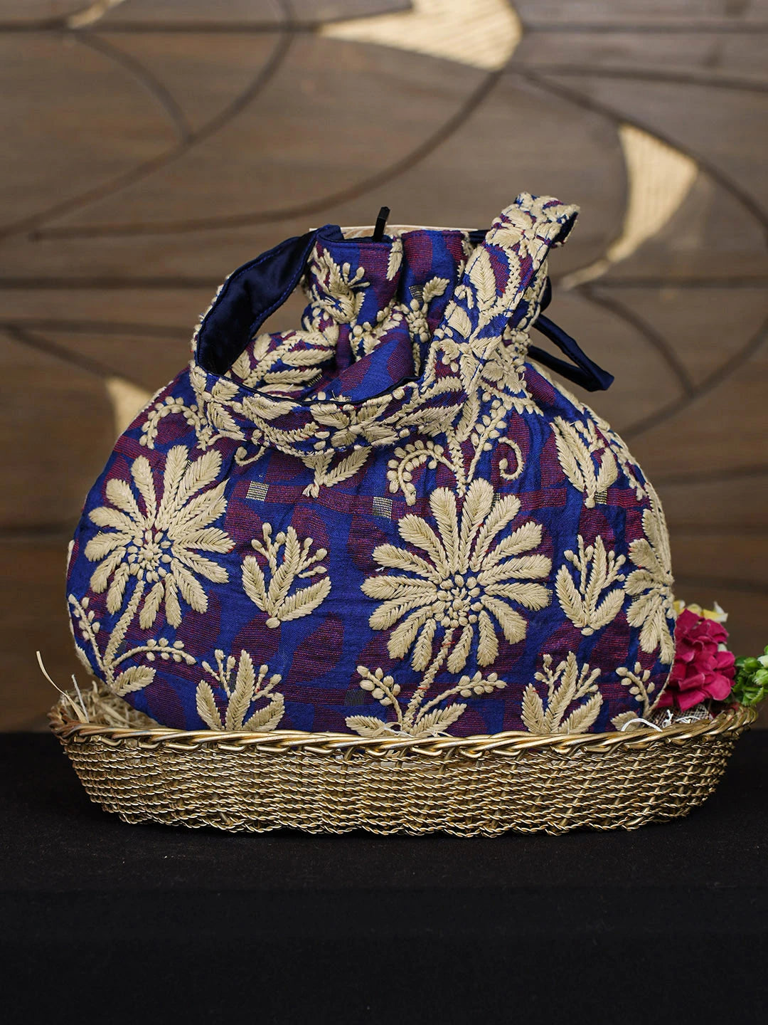 Ada Hand Embroidered Blue Cotton Lucknowi Chikankari Potli Bag 01A977990