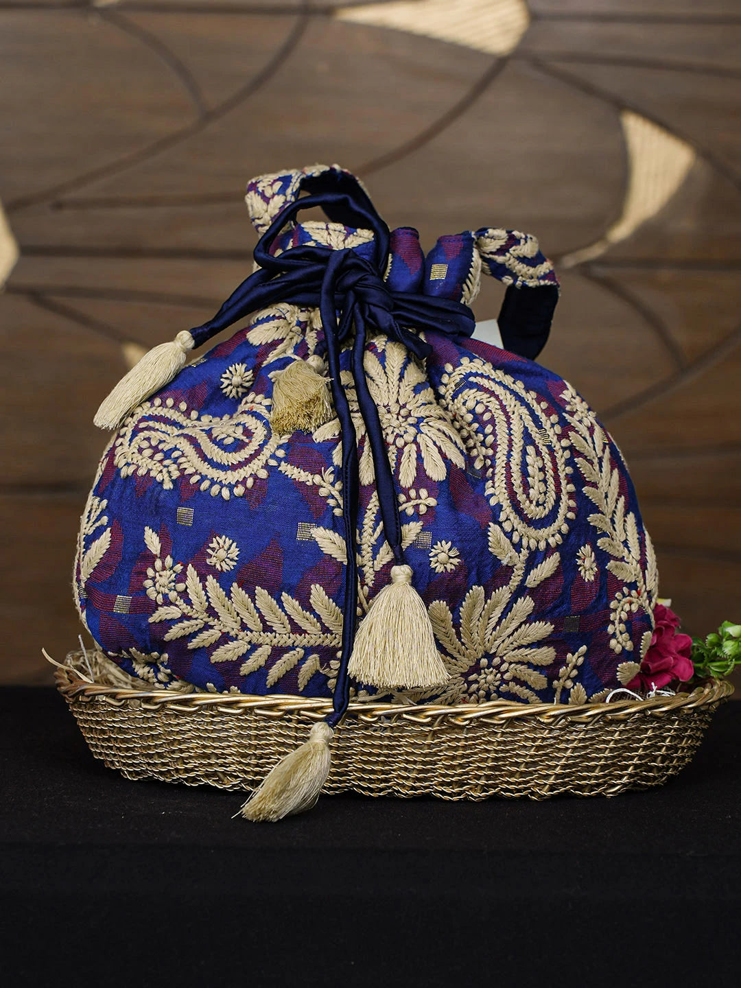 Ada Hand Embroidered Blue Cotton Lucknowi Chikankari Potli Bag 01A977990