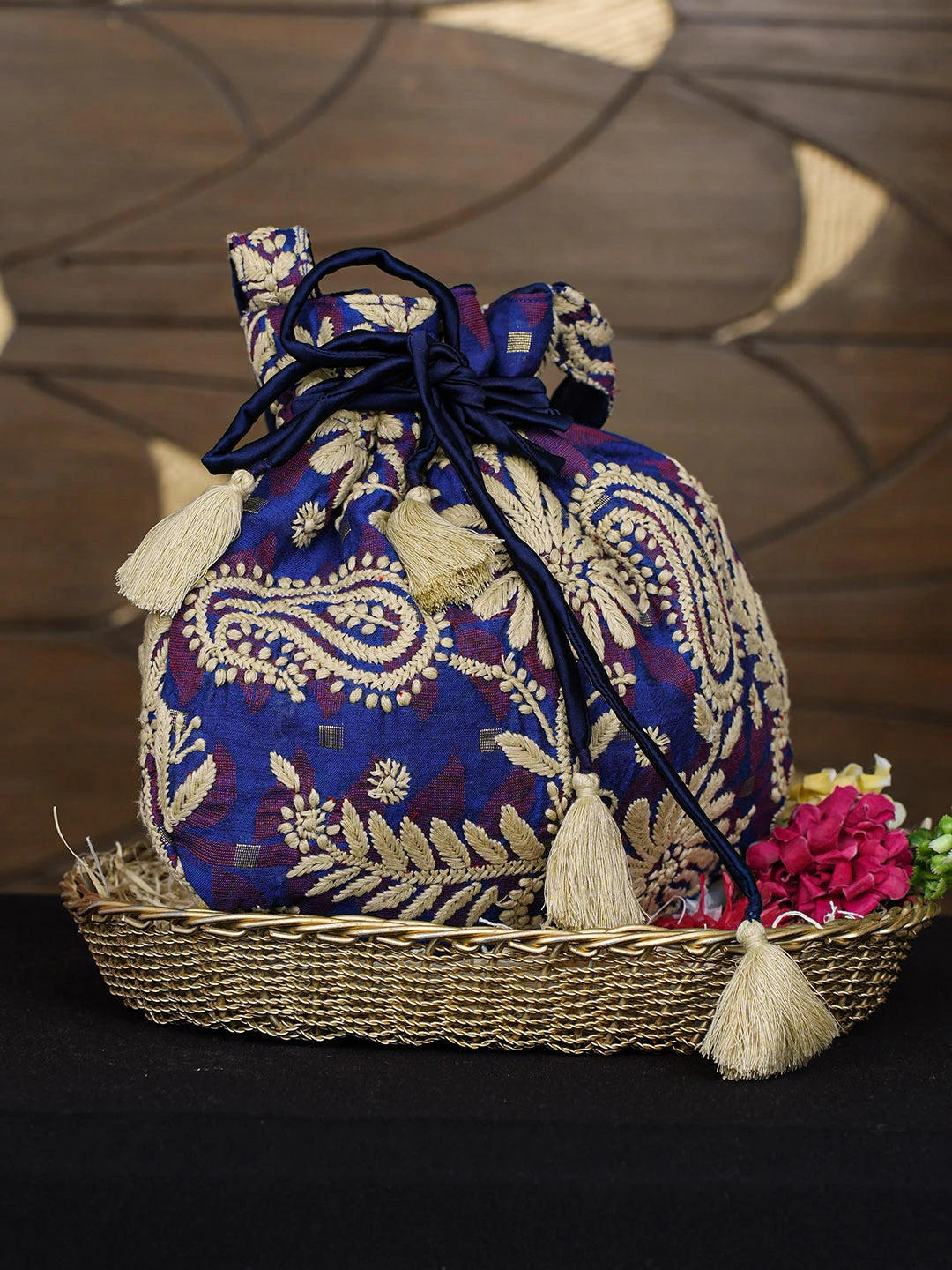Ada Hand Embroidered Blue Cotton Lucknowi Chikankari Potli Bag 01A977990