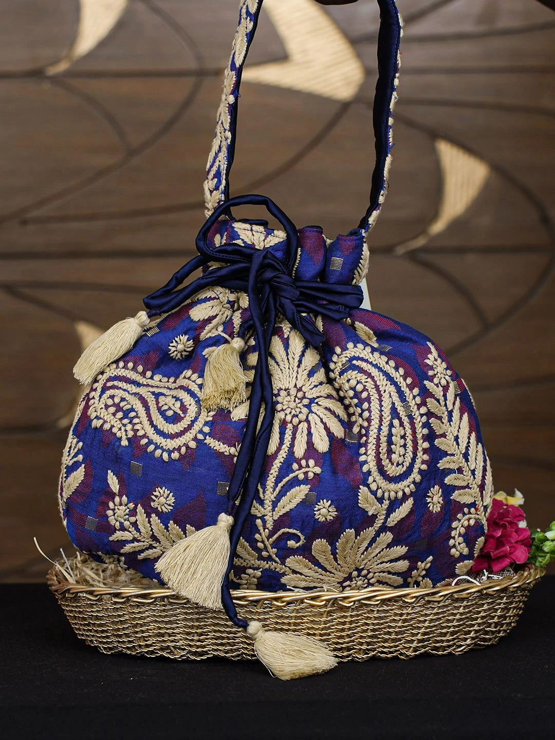 Ada Hand Embroidered Blue Cotton Lucknowi Chikankari Potli Bag 01A977990