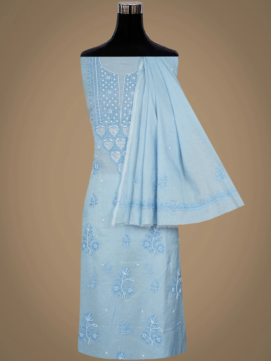 Ada Hand Embroidered Sky Blue Chanderi Lucknowi Chikankari Unstitched Kurta Dupatta Set With Pearl Work 01A972752