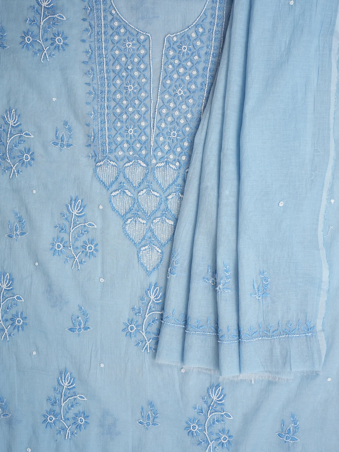 Ada Hand Embroidered Sky Blue Chanderi Lucknowi Chikankari Unstitched Kurta Dupatta Set With Pearl Work 01A972752